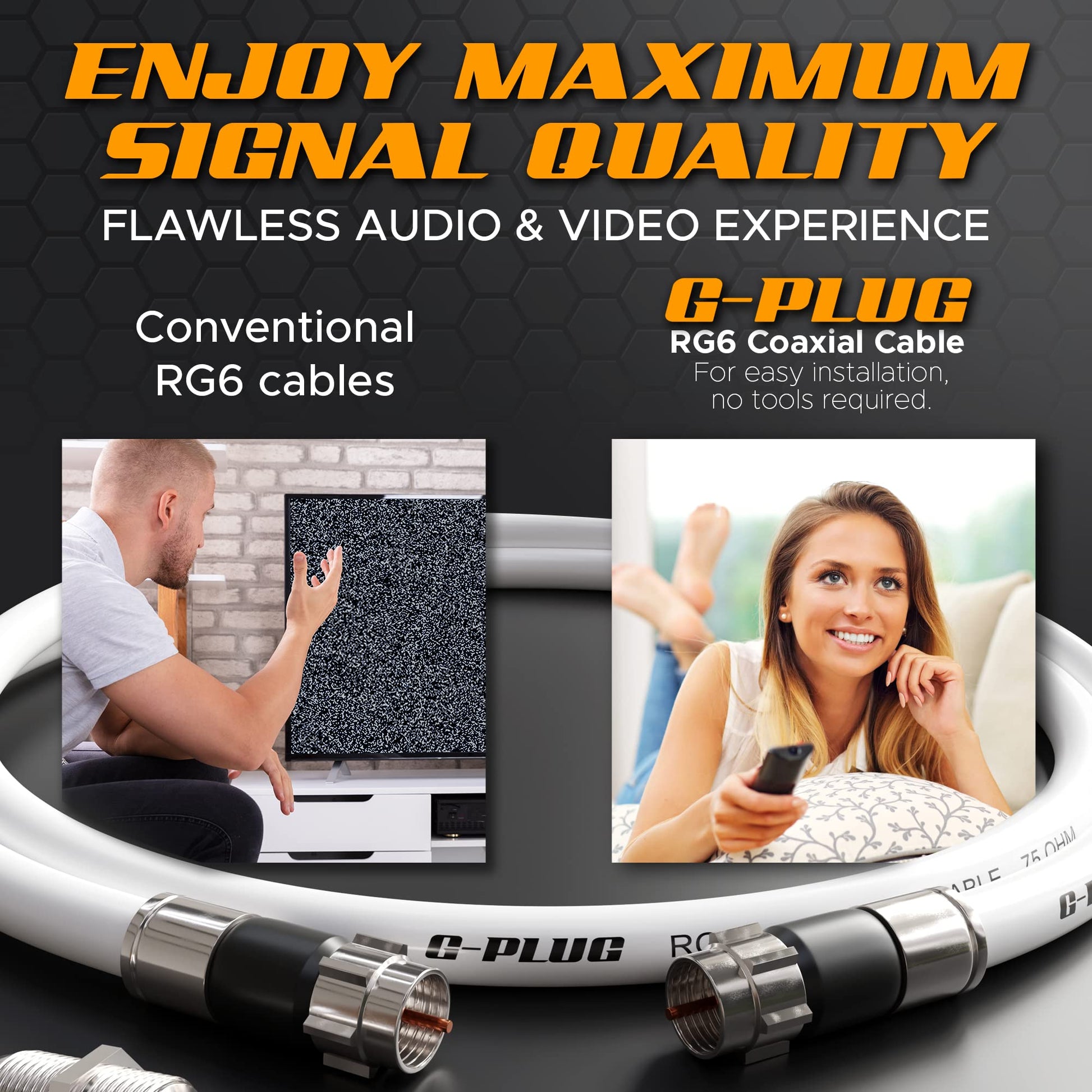 G-PLUG 10FT RG6 Coaxial Cable Connectors Set - High-Speed Internet, Broadband and Digital TV Aerial, Satellite Sky Cable Extension- Weather-Sealed Double Rubber O-Ring and Compression Connectors White