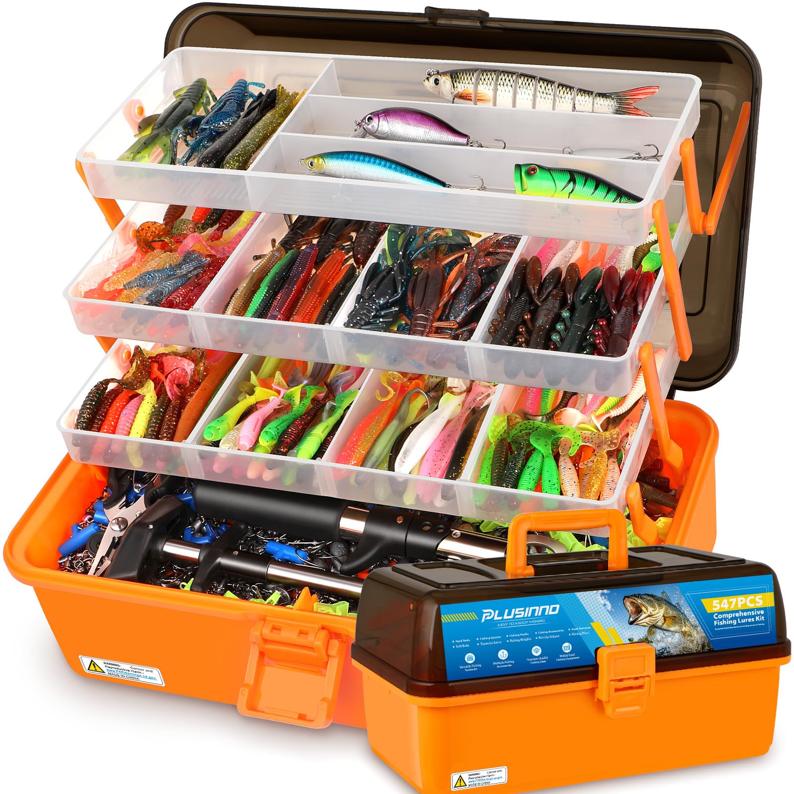 PLUSINNO Große 4-Lagen Angelbox mit Zubehör, 547-teiliges Angelköder-Set – Zange, Wobbler, Haken, Gewichte & Zubehör – Süßwasser-Barsch-Angelköder und -Ausrüstung, Geschenk für Männer