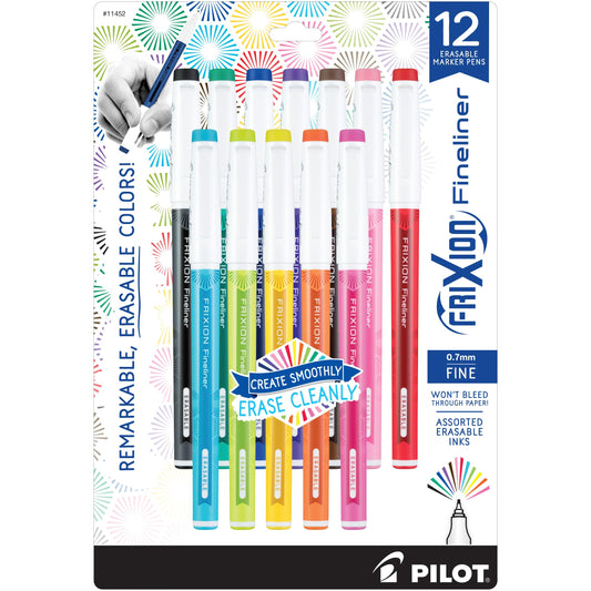 Pilot, FriXion Fineliner Erasable Marker Pens, Fine Point 0.7 mm, Pack of 12, Assorted Colors