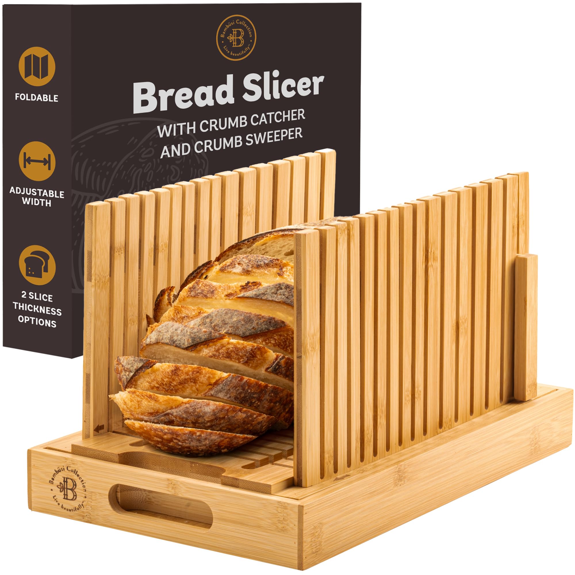 Bread Slicer for Homemade Bread - BAMBUSI New Upgrade Bamboo Bread Cutter with Adjustable Width, Foldable Compact Slicing Guide and Crumb Tray - Bread Cutter for Loaf, Cake, Bagels - Gift for Bakers