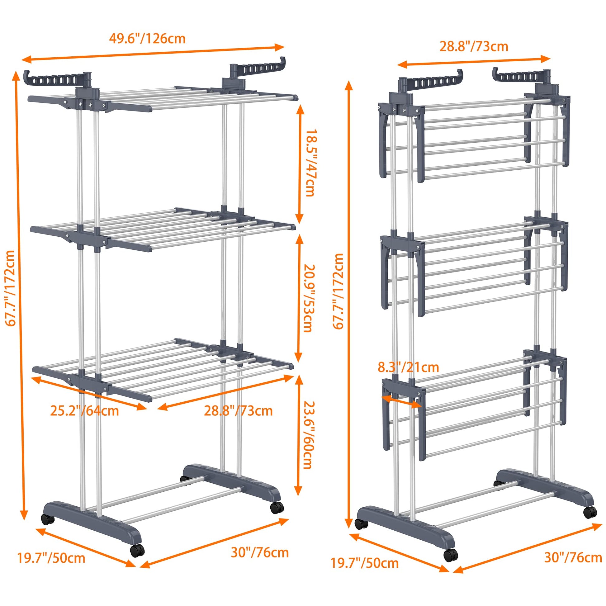 HOMIDEC Clothes Drying Rack, Oversized 4-Tier(67.7" High) Foldable Stainless Steel Drying Rack Clothing, Movable Drying Rack with 4 castors, 24 Drying Poles and 14 Hooks for Bed Linen, Clothing, Grey