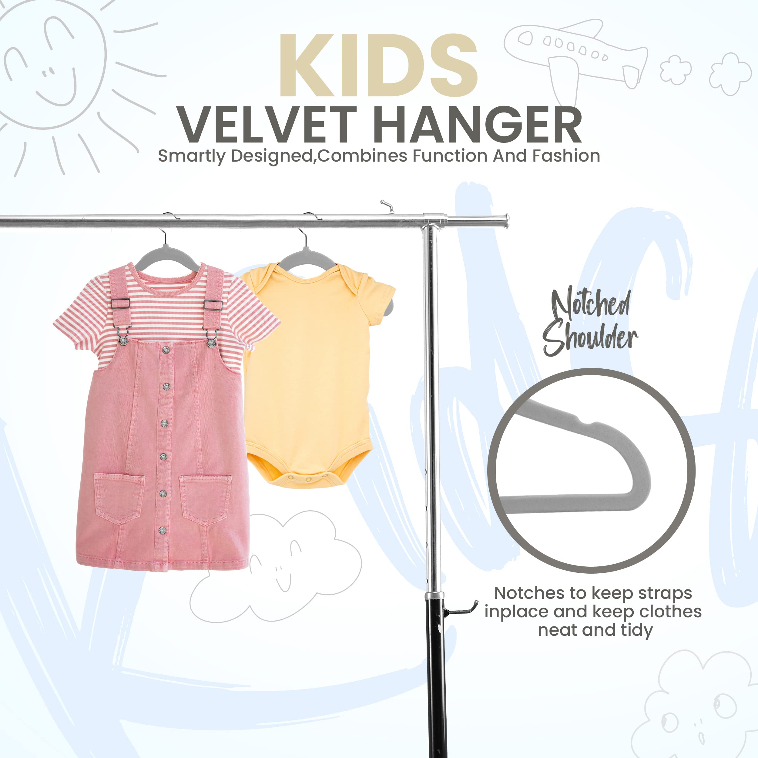 Utopia Home Kids Hangers Velvet (50 Pack) - 11 Inch Durable Baby Hangers for Closet - Perfect for Toddler & Non Slip for Everyday Use (Grey)