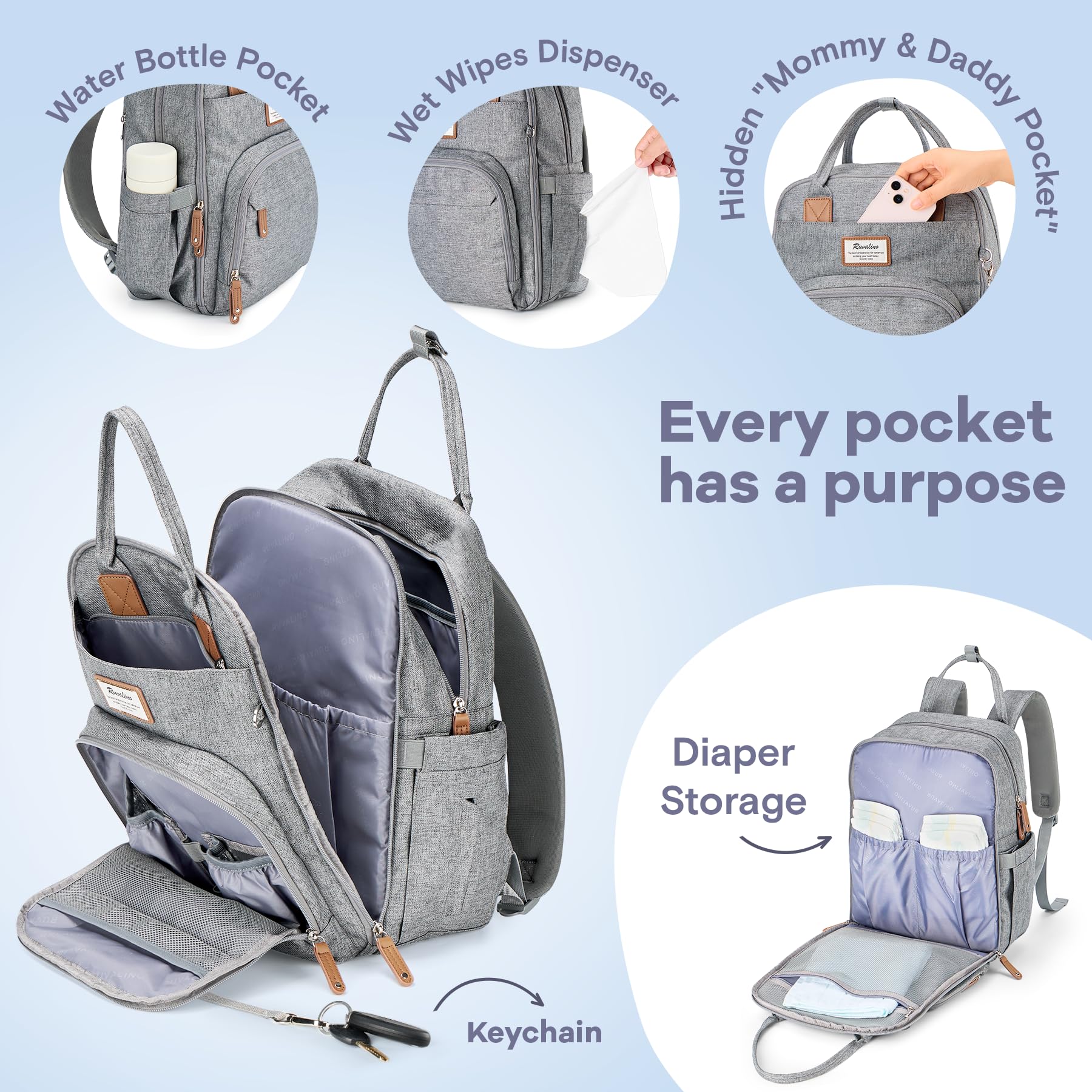 RUVALINO Diaper Bag Backpack-Multifunction Travel Baby Diaper Bag with Changing Pad, Insulated Bottle Holders & Pacifier Case, Large Capacity, Waterproof, Gray