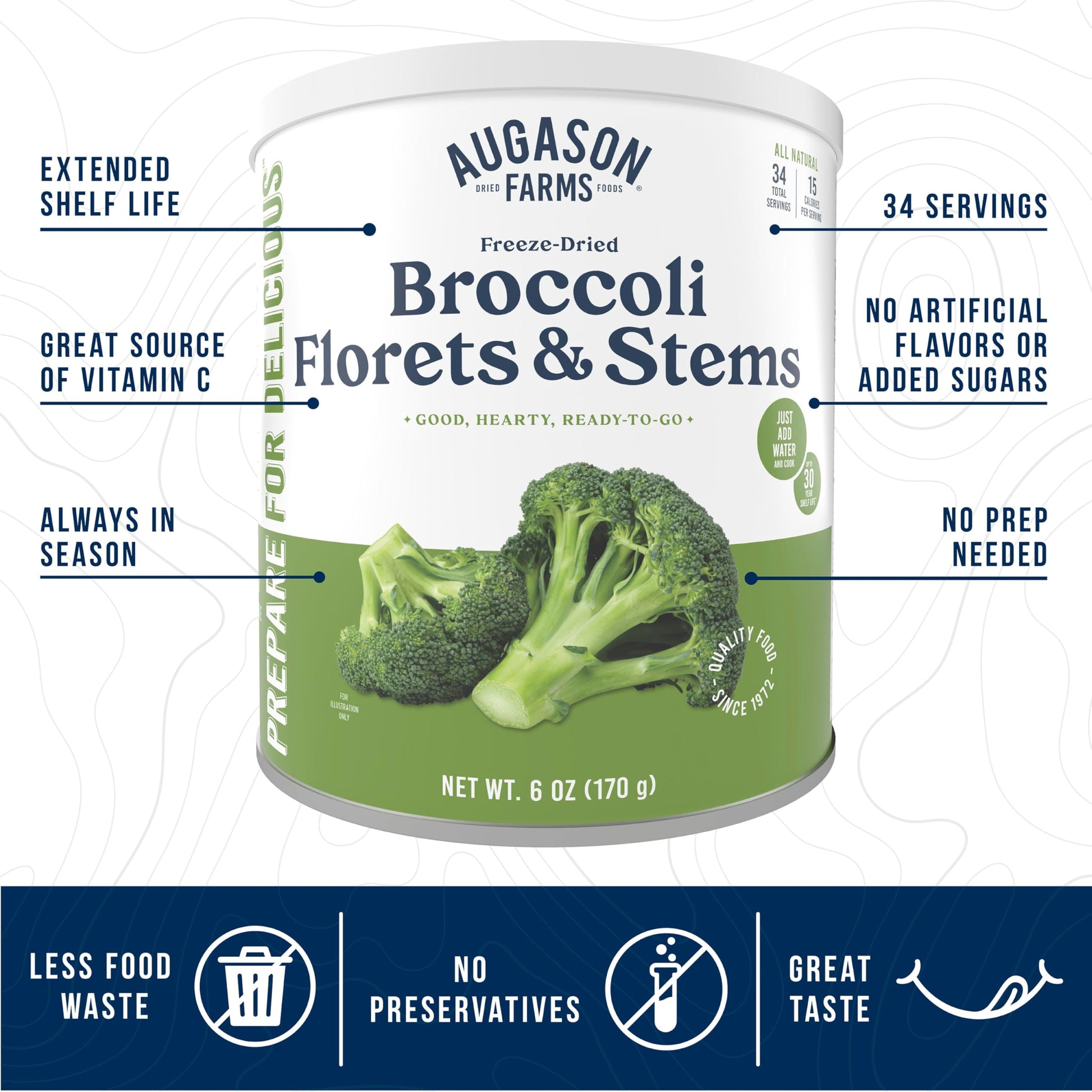 Augason Farms Freeze Dried Broccoli Florets & Stems Can, Emergency Food Supply, Everyday Meals, 34 Servings