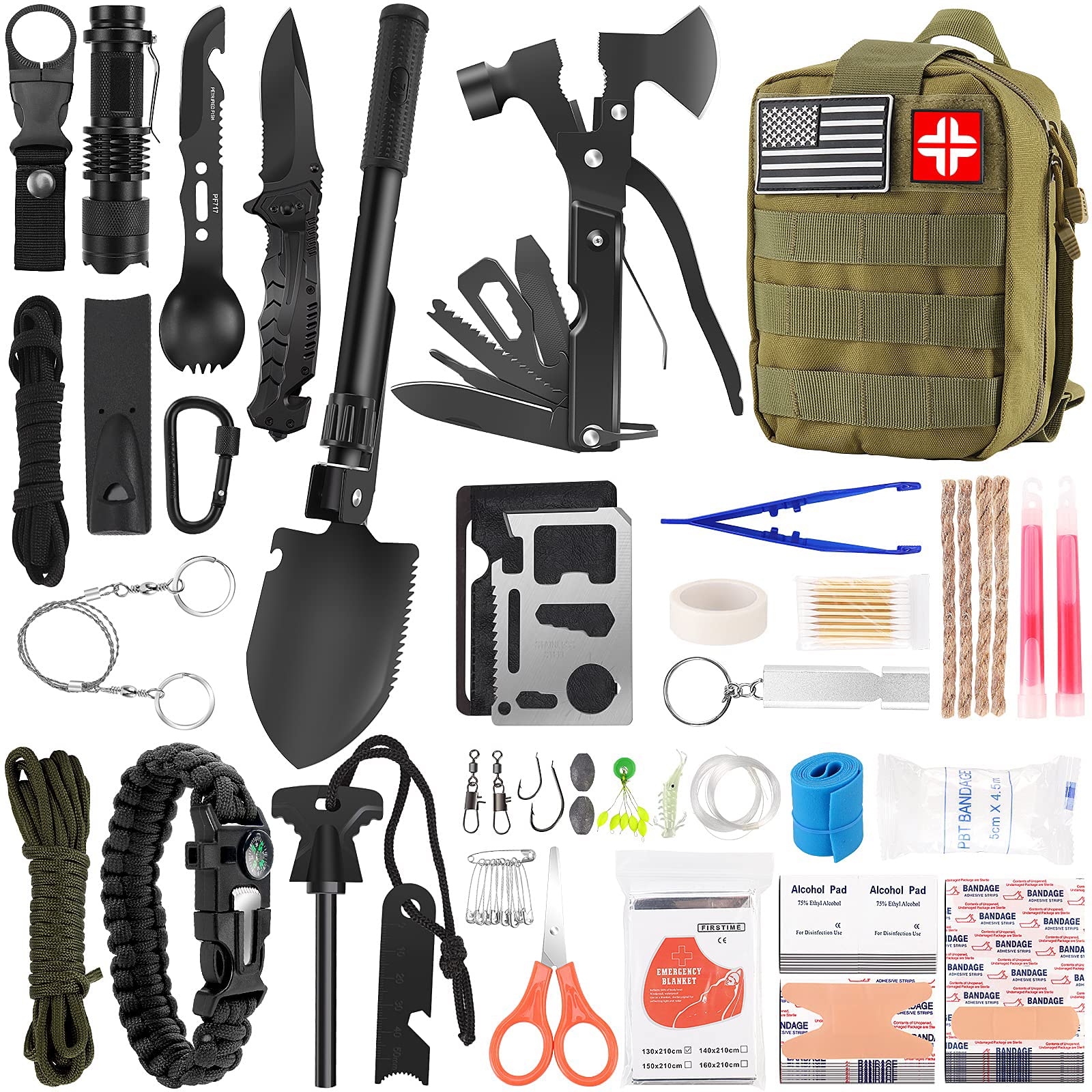 Survival Kit and First Aid Kit, 142Pcs Professional Survival Gear and Equipment with Molle Pouch, for Men Dad Husband Who Likes Camping Outdoor Adventure (Green)