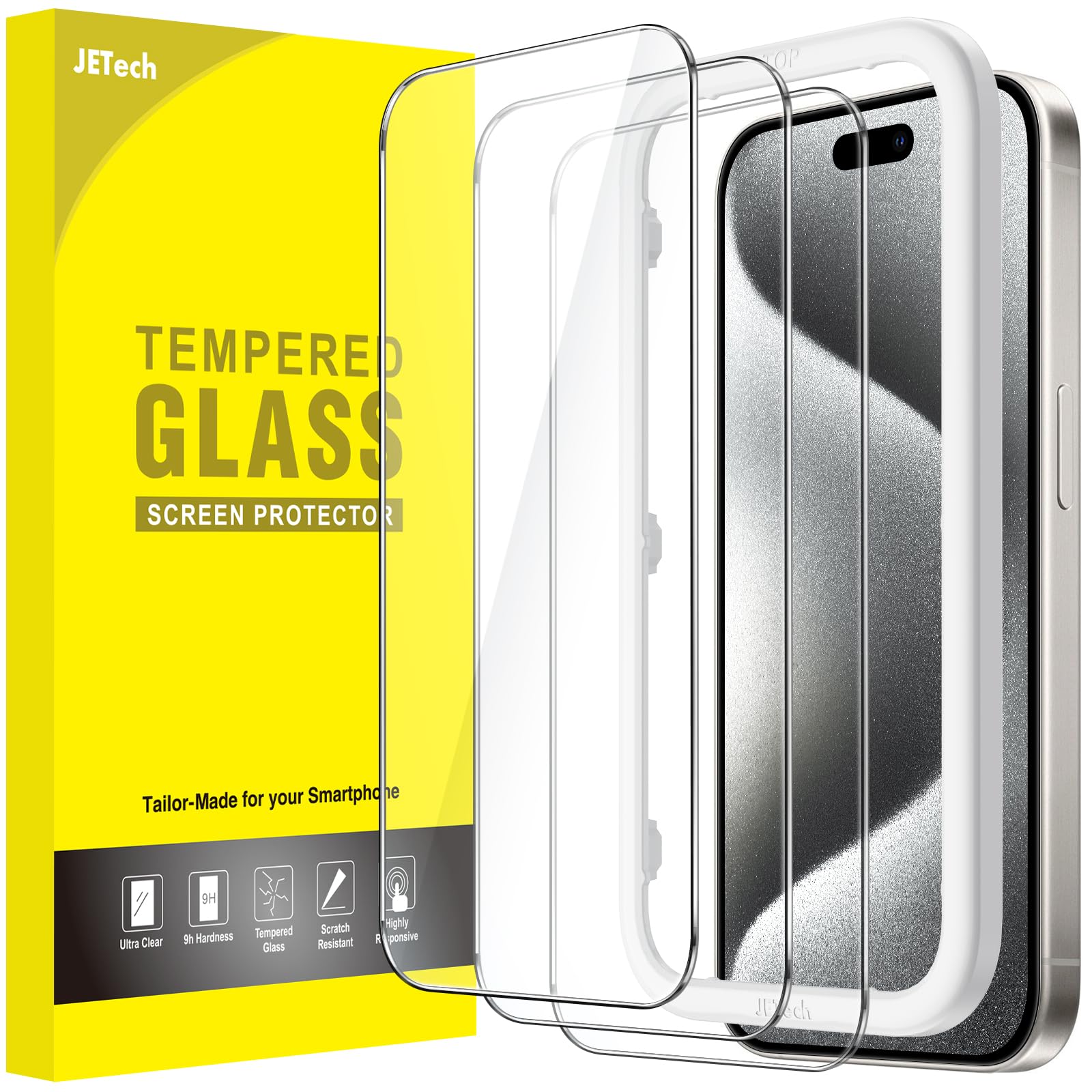JETech Screen Protector for iPhone 15 6.1-Inch, Tempered Glass Film with Easy Installation Tool, Case-Friendly, HD Clear, 3-Pack