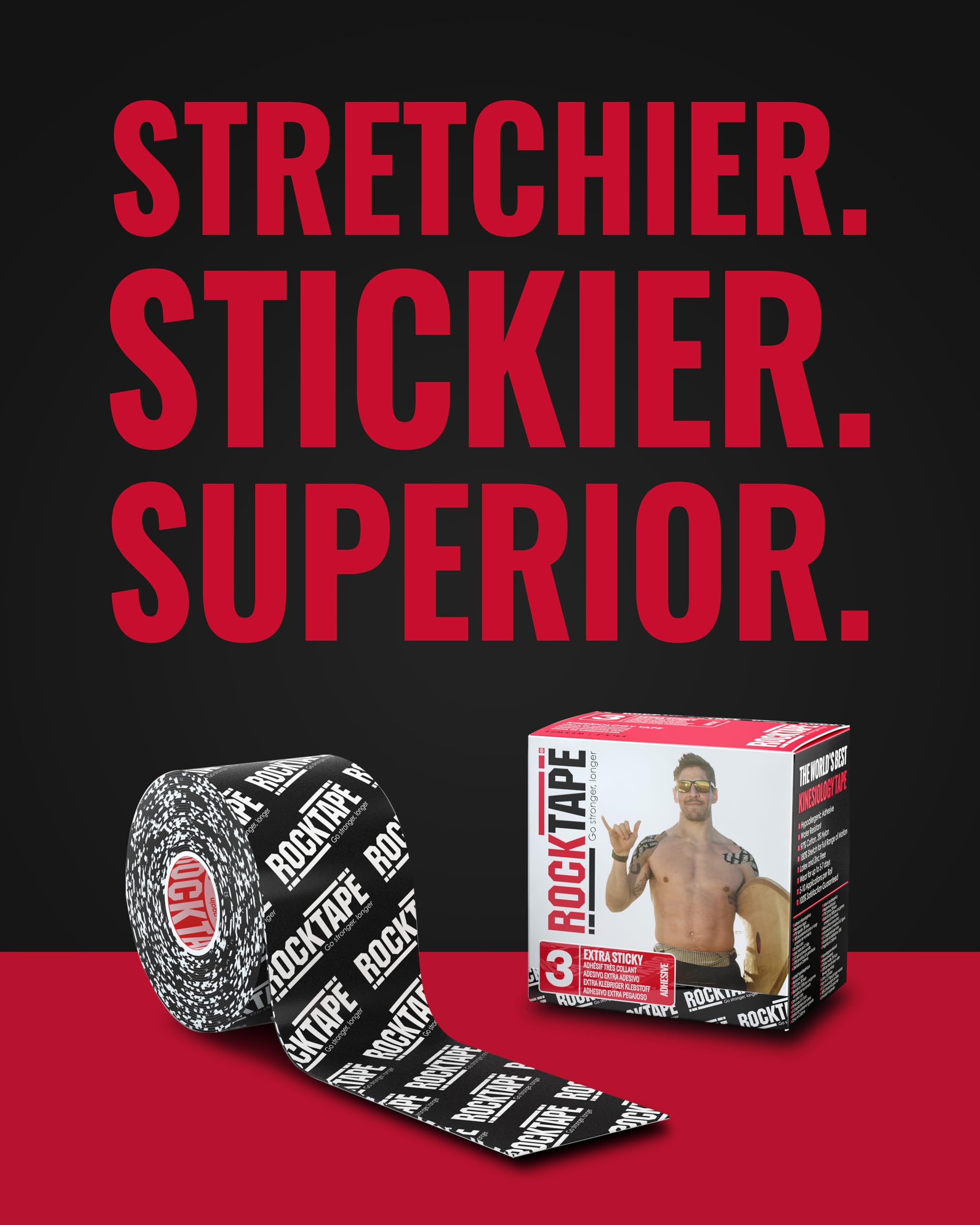 RockTape Extra Sticky 2" x 16.4' Kinesiology Tape (Logo,Black), Athletic Tape for Muscle Pain Relief, Injury Recovery, Microscopic Skin Lifting & Decompression, Sweat & Water Resistant, Hypoallergenic