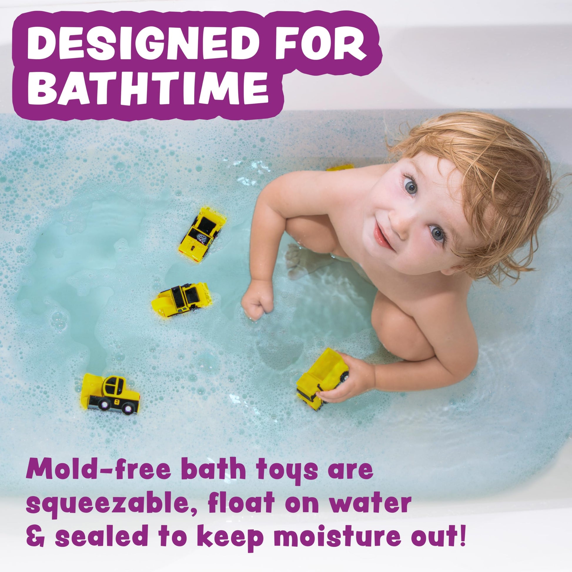 Tub Works® Construction™ Trucks Mold Free Bath Toys, 6 Pack | Sealed, No Hole Bath Toys Design Keeps Moisture Out | Soft, Squeezable & Float on Water | Baby & Toddler Bathtub Toys | Baby Pool Play