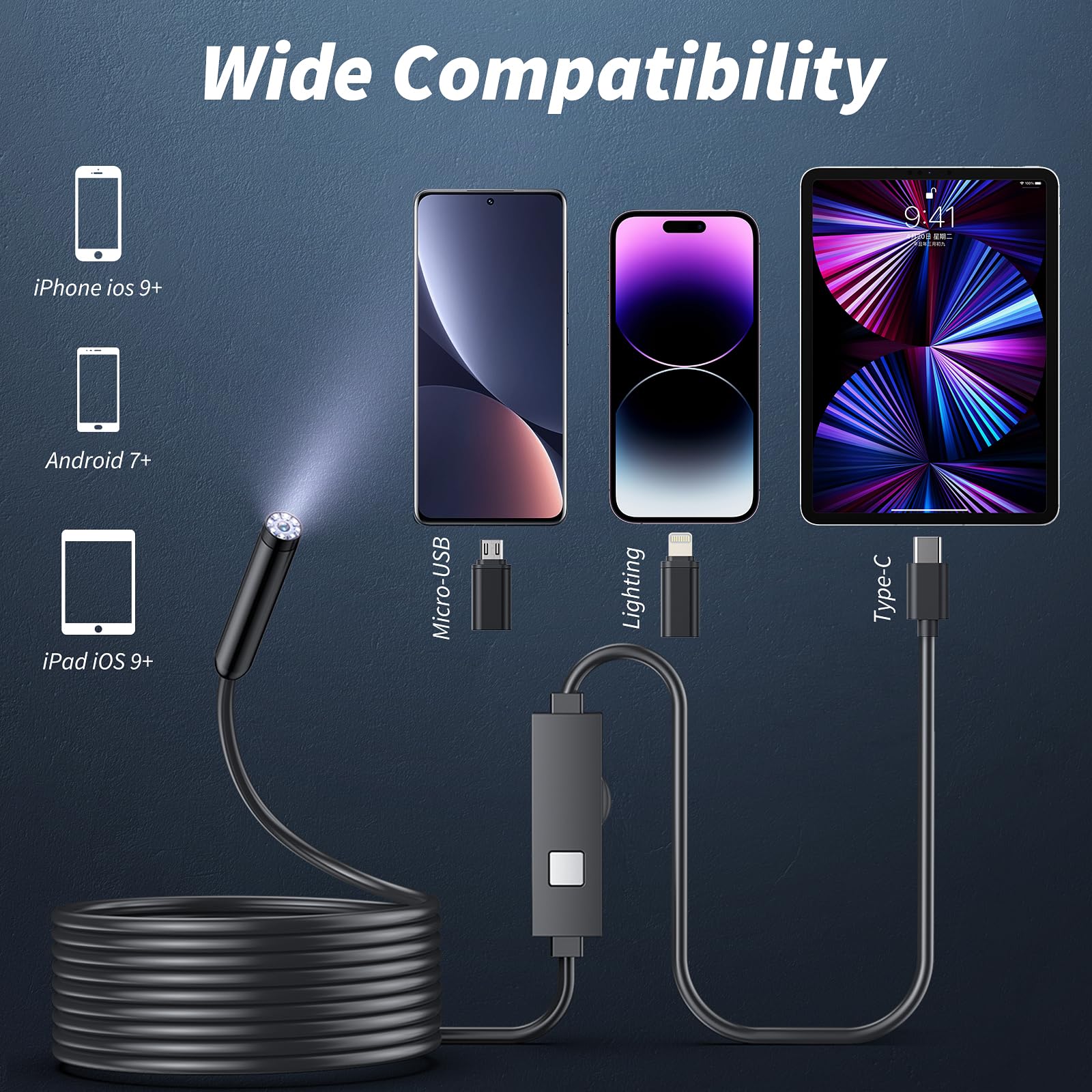 Endoscope Camera with Light,1920P HD Borescope Tools with 8 Adjustable LED Lights, Endoscope with Semi-Rigid Snake Camera, Inspection Borescope for iOS and Android-16.4ft Single Lens