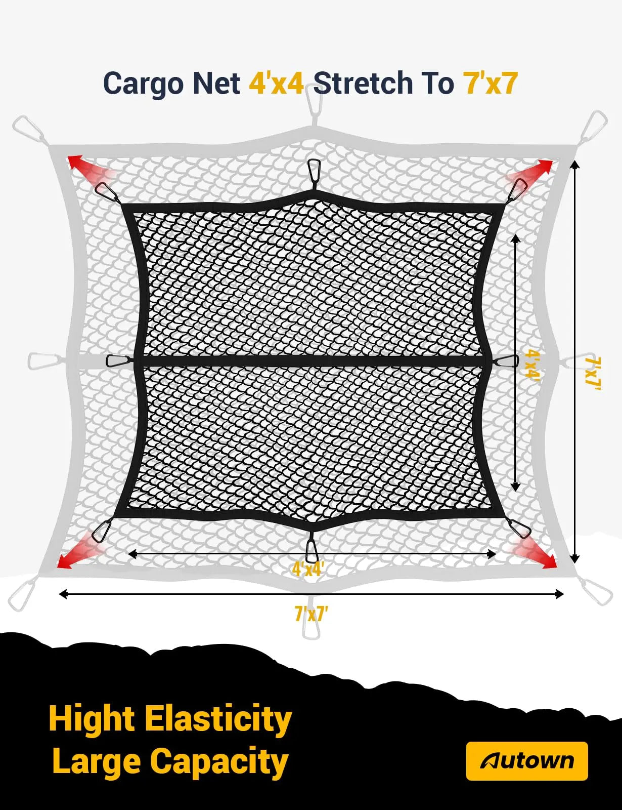AUTOWN Cargo Net for Pickup Truck Bed - Stretchable 4'x4' to 7'x7', High Elastic Fine Mesh 1''x1'' with 8 Metal Carabiners - Ideal for ATV, SUV, UTV, Truck and Boat Use (Single Layer)