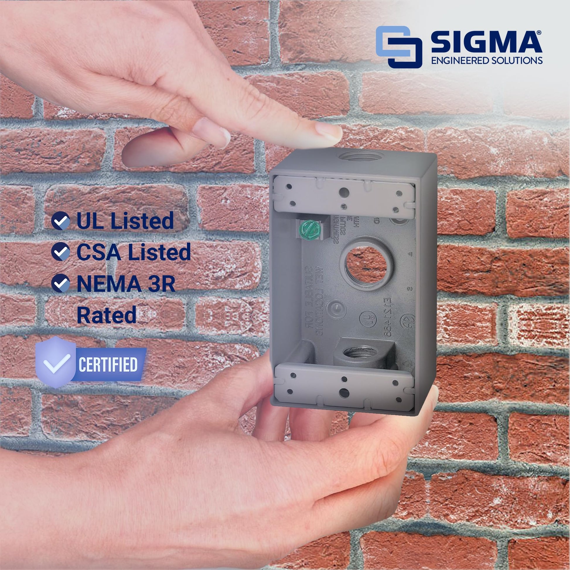 SIGMA ENGINEERED SOLUTIONS 14250 Metal Electrical Outlet Box, Weatherproof, Easy Mount Plug and Receptacle Protector, Gray, (3) 1/2-Inch Holes, 1 Gang Box