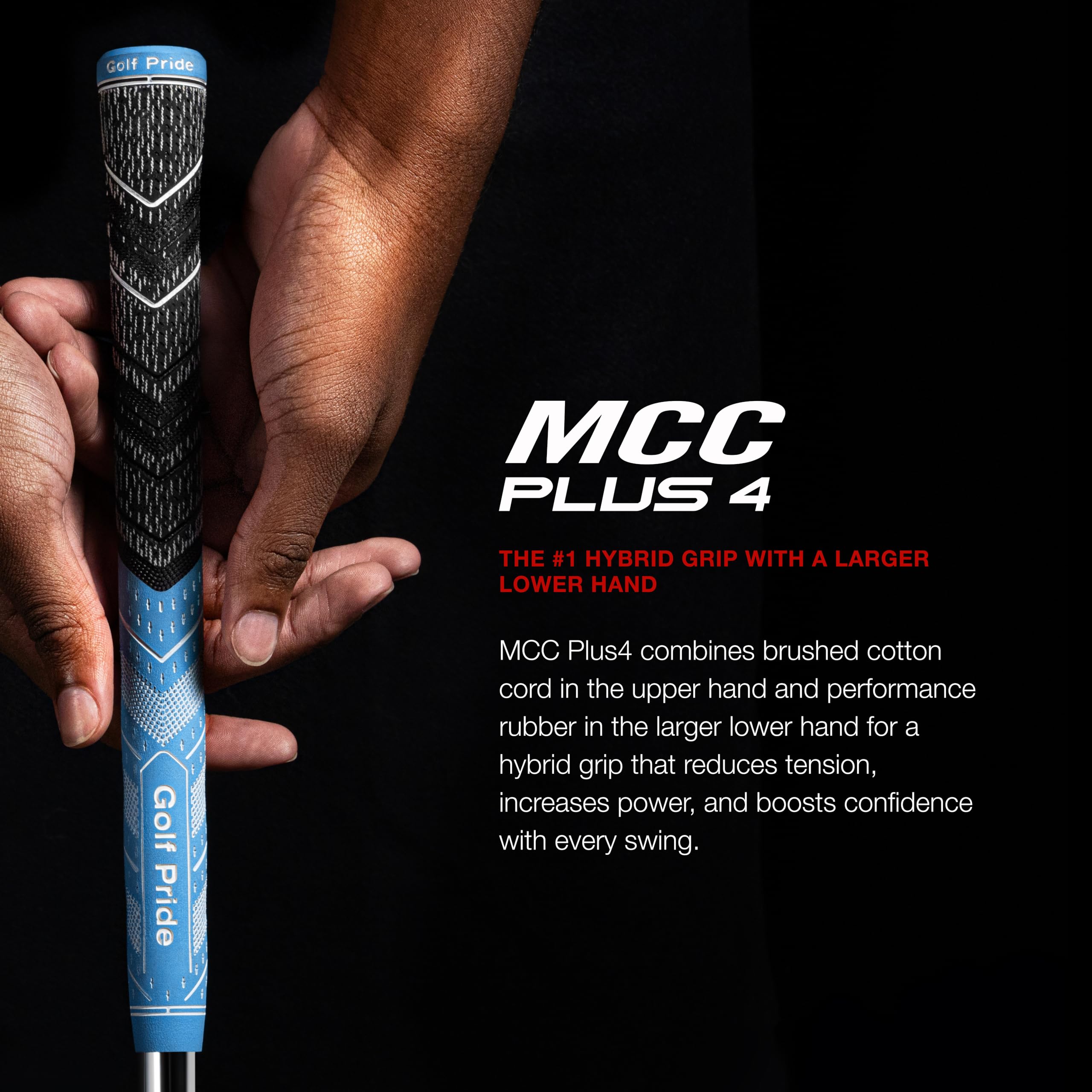Golf Pride MCC Plus4 Golf Club Grip - All-Weather Hybrid Grip with Larger Lower Hand - Brushed Cotton Cord & Pebbled Texture - Midsize - Grey