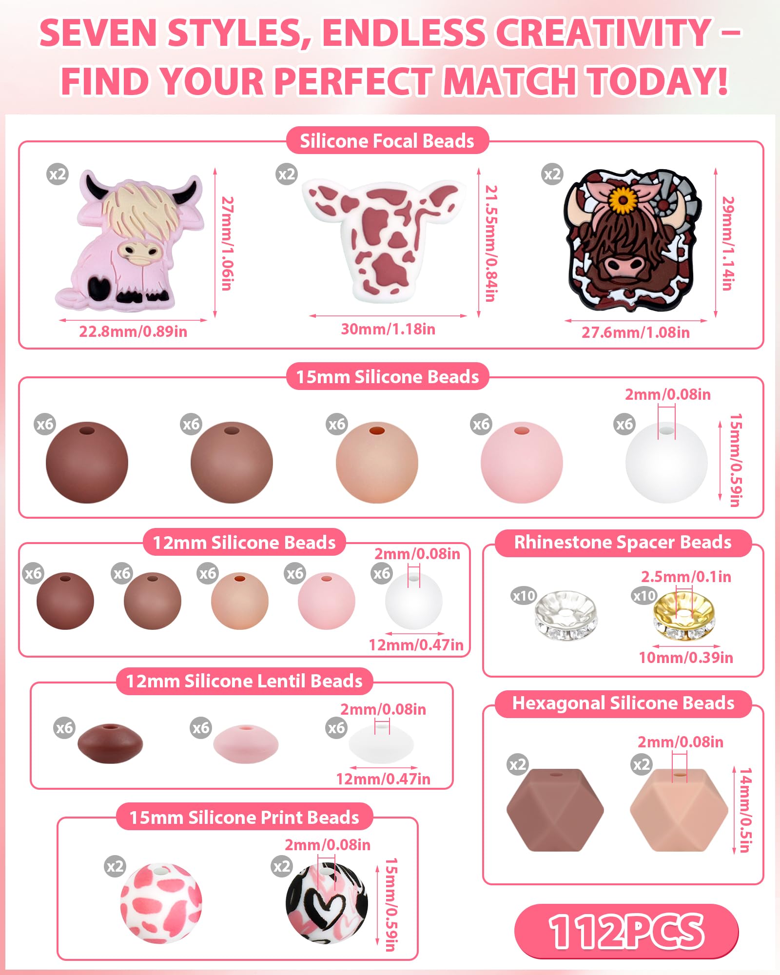 112PCS FIVEIZERO 12mm 15mm Cow Focal Silicone Beads for Keychain Making, Round, Lentil, Hexagonal, Print, 10mm Rhinestone Rondelle Spacers Beads for Bracelet, Pens, Necklace Crafts(Pink Brown)