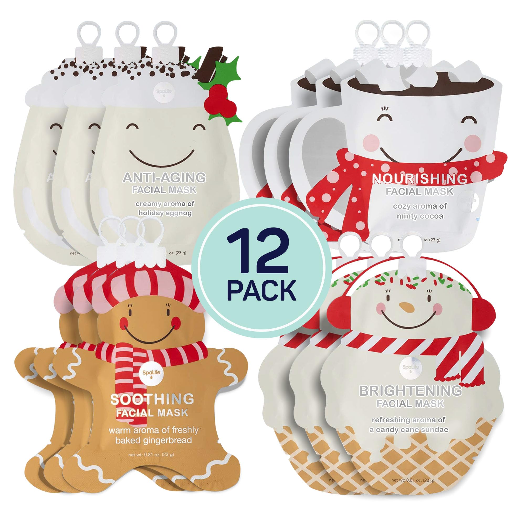 SpaLife Holiday Treats Facial Masks 12-Pack Assorted - Festive Christmas Skincare for Soothing and Nourishing - Gingerbread, Sundae, Cocoa & Eggnog