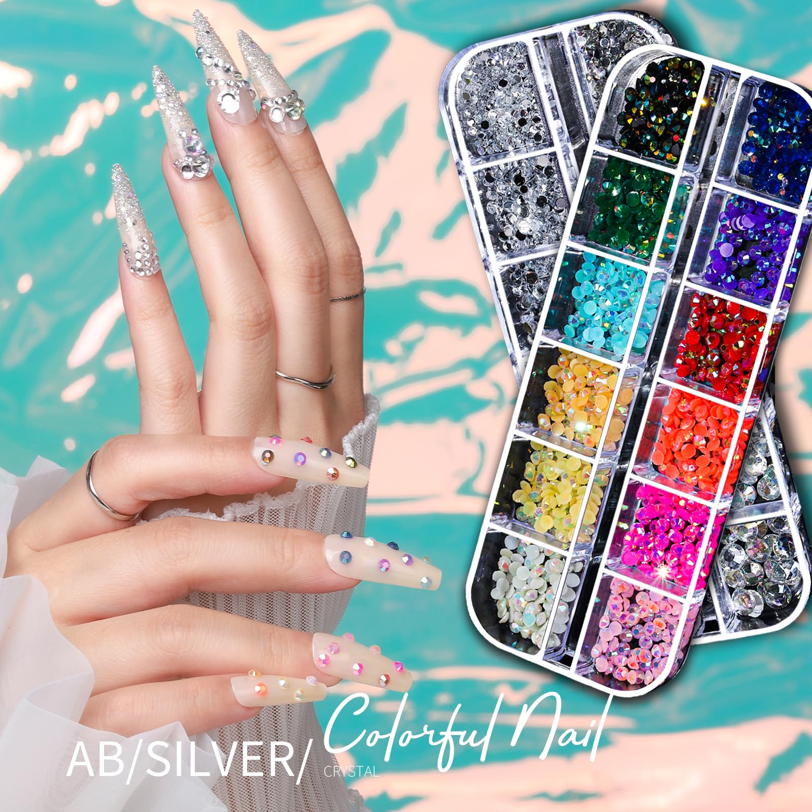 Teenitor Nail Charms Nail Art Kit with 15 Sheets Gold Nail Stickers, 6 Boxes of Nail Gems Nail Art Tools Nail Rhinestones for Nails, Nail Supplies 3D Nail Charms and Gems Nail Decals Nail Pearls