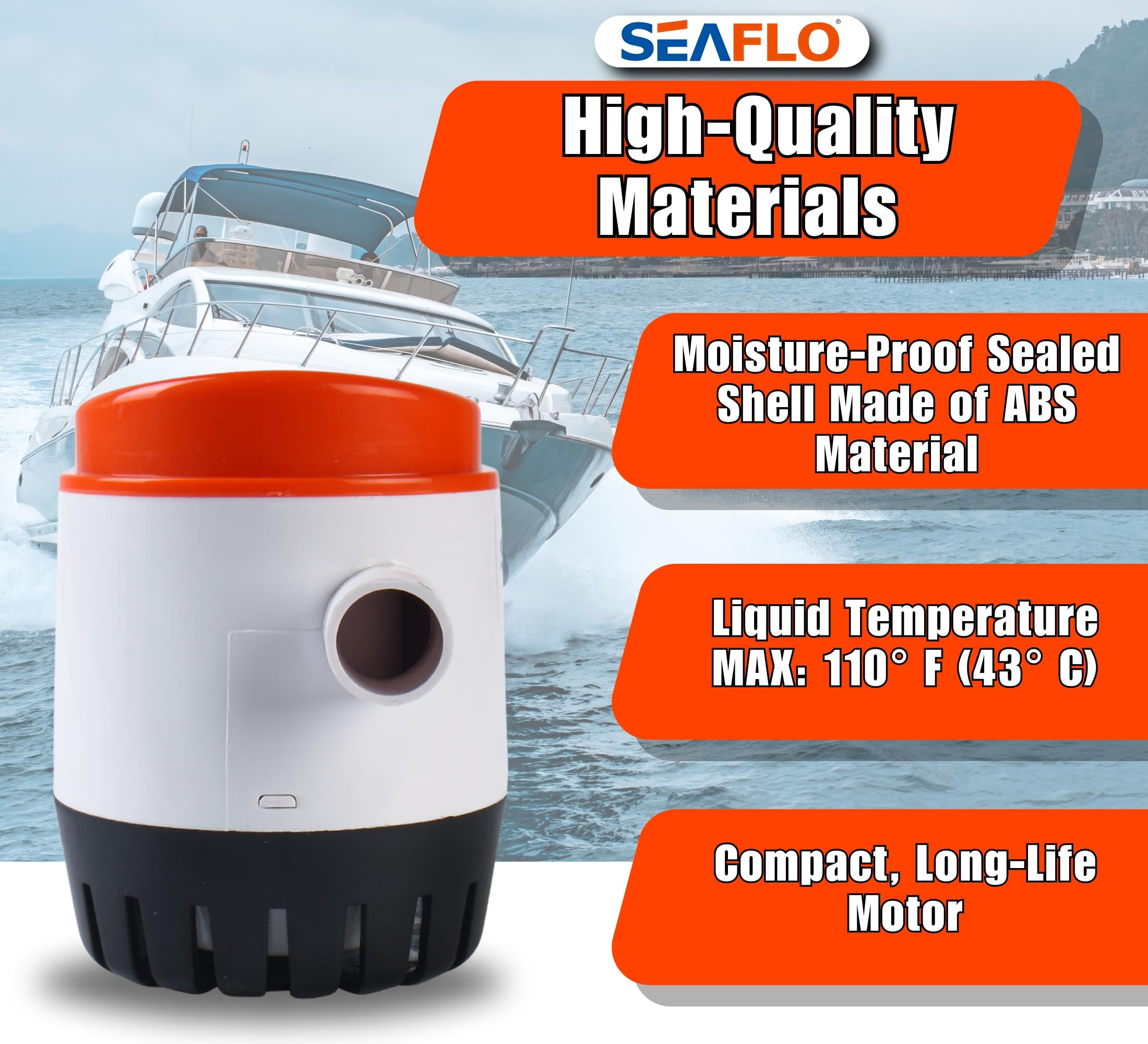 SEAFLO 06 Series Automatic Submersible Bilge Pump - 750GPH, 12V, 3/4" Outlet, 4-Year Warranty! All-in-One Pump and Float Switch, Snap-Off Strainer, Compact for Marine Boat Yacht, CE Rohs Certified