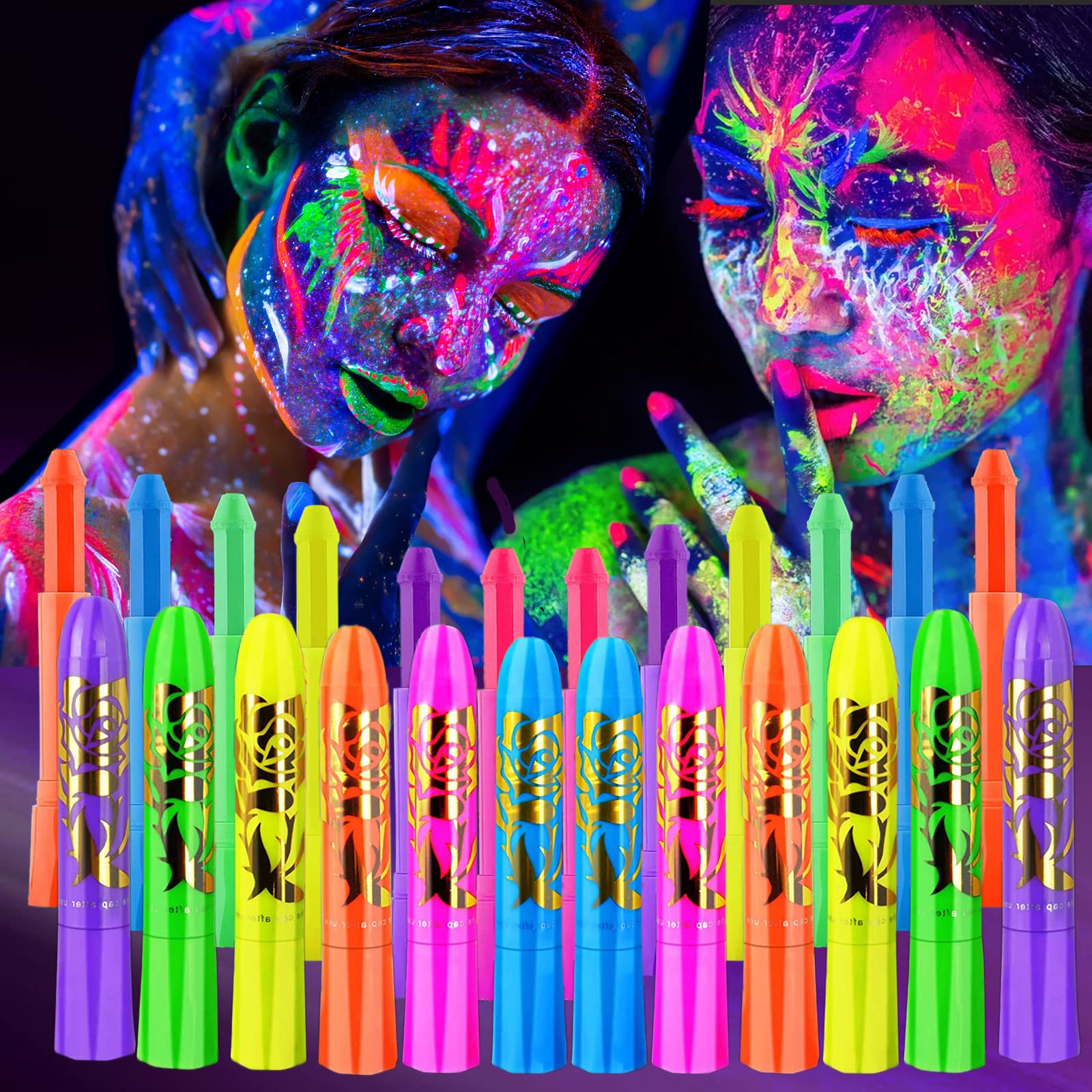12 Stück leuchtende Gesichts- und Körperfarbe, im Dunkeln leuchtende UV-Schwarzlicht-Stifte, Make-up, Neon-Gesichtsbemalungs-Sets für Erwachsene, Halloween-Festival-Zubehör, Leuchtparty-Bedarf
