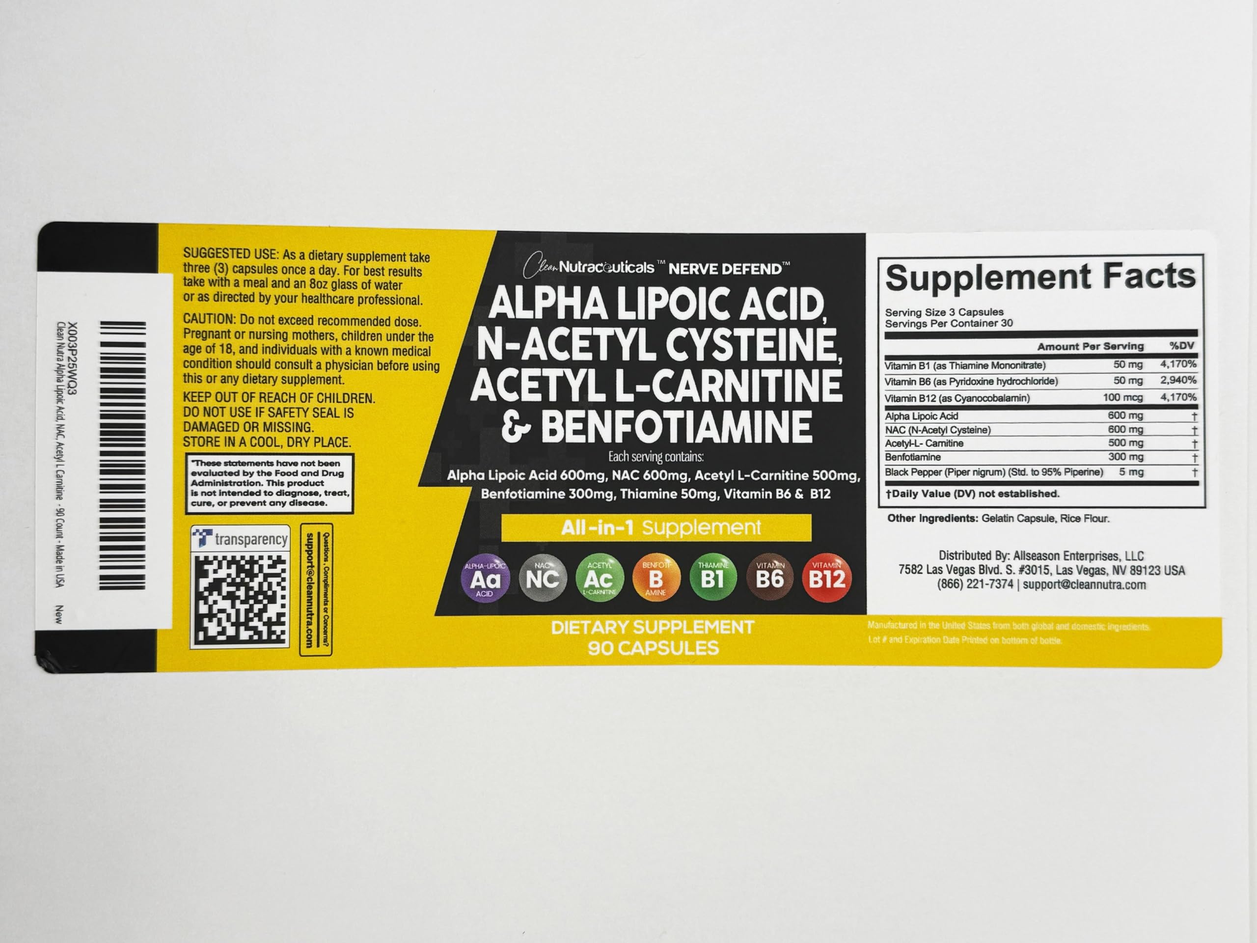 Alpha Lipoic Acid 600mg N-Acetyl Cysteine 600mg Acetyl L-Carnitine 500mg Benfotiamine 300mg - Nerve Support Supplement for Women and Men with Vitamin B1, B6 & B12 - Made in USA 90 Caps