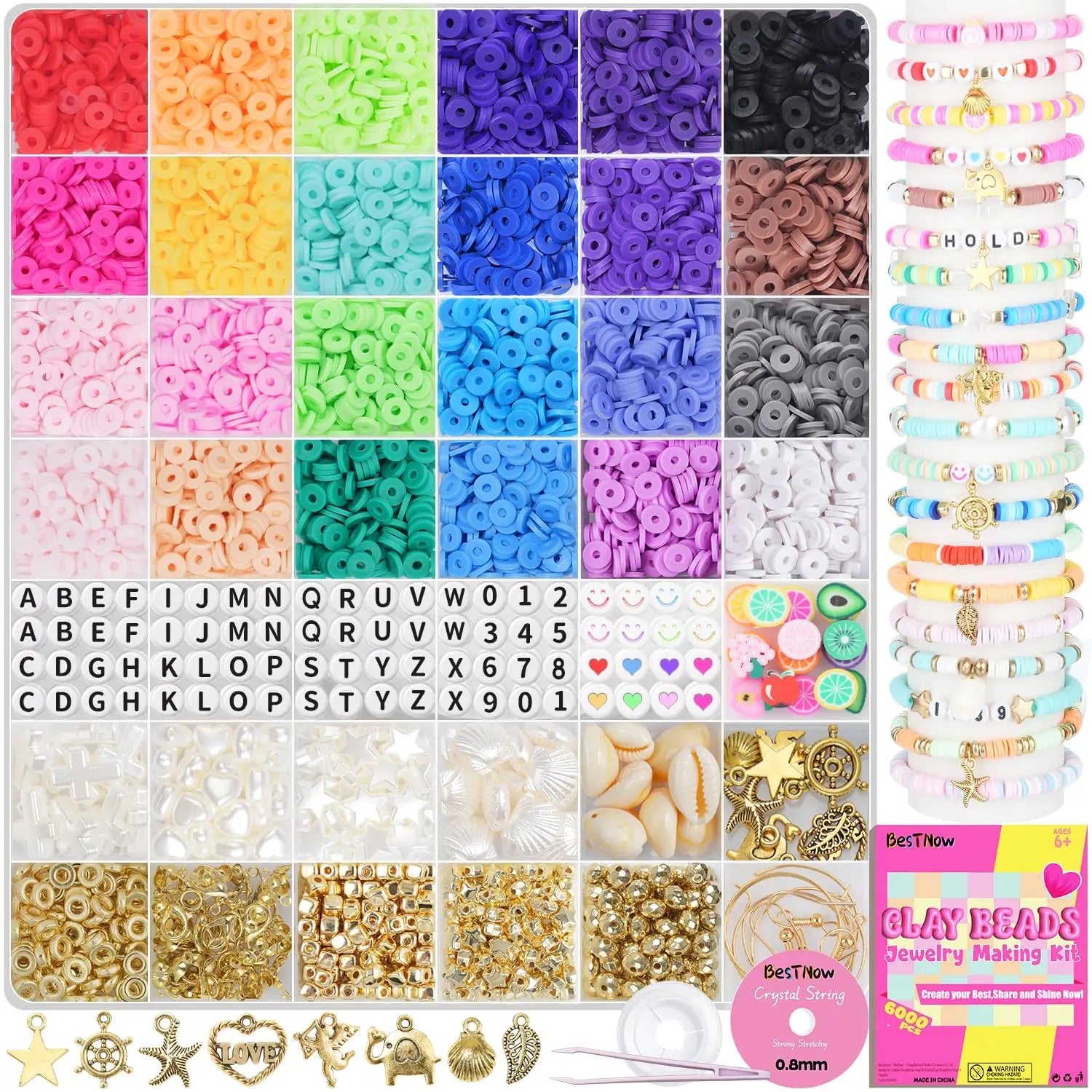 BestNow Clay Beads Bracelet Making Kit 6000 Pcs Flat Preppy Beads for Friendship Jewelry Making Polymer Heishi Beads with Charms Gifts for Teen Girls Crafts for Girls Ages 8-12