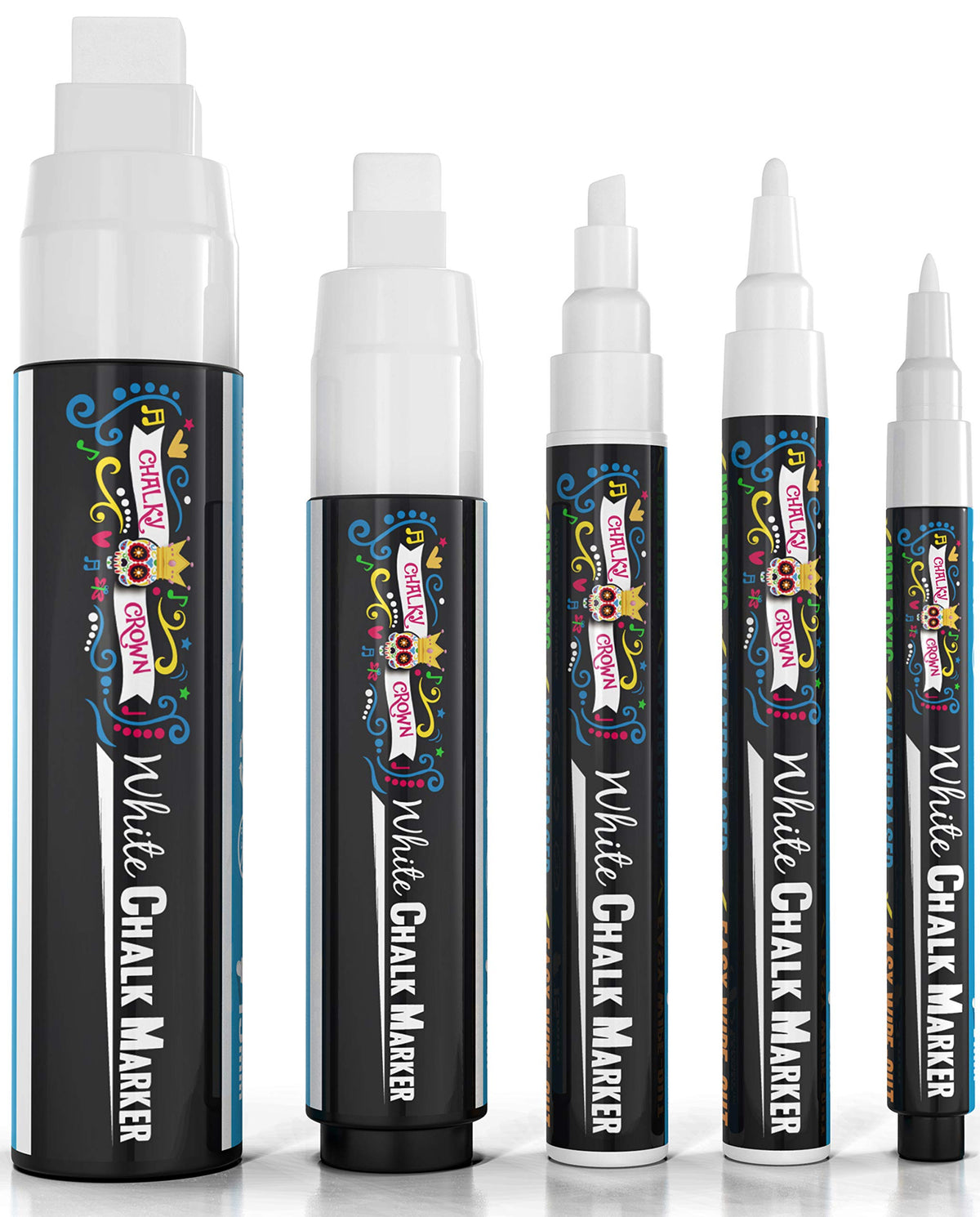 CHALKY CROWN 5er-Set weiße Kreidemarker – Ungiftige Flüssigkreidemarker, weiße Flüssigkreide für Fenster, Glas – 1, 3, 6, 10, 15 mm Spitzen