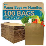 Reli. Paper Grocery Bags w/Handles (100 Pcs, Bulk)(12"x7"x14") Large Paper Grocery Bags, Shopping Bags w/Handles - Heavy Duty 57 Lbs Basis - Takeout/To Go Bags, Retail Bags, Brown Kraft Paper Bags