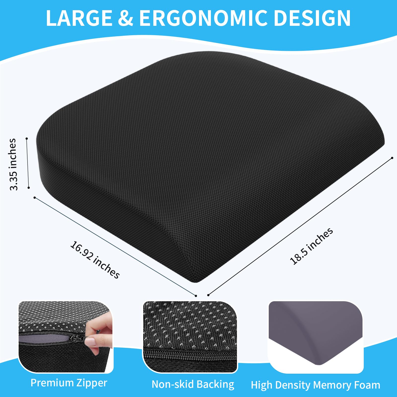 TranquilRelax Large Seat Cushion, Soft Foam Cushion for Long Sitting Hours on Office Chair, Home & Car, Non-Slip Chair Pad for Relieving Back & Sciatica & Hip & Coccyx Pain (Black)