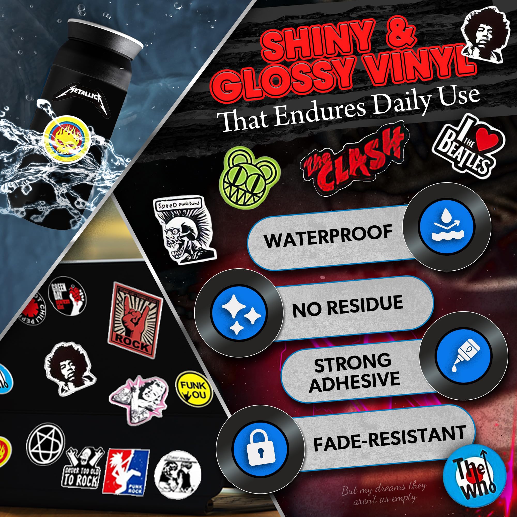 100 Pcs Rock Band Music Stickers – Durable and Waterproof Vinyl Stickers Featuring Iconic Bands | Punk, Metal, Rock Decals | Scratch-Resistant, Vibrant Colors for Laptops, Guitars, Water Bottles