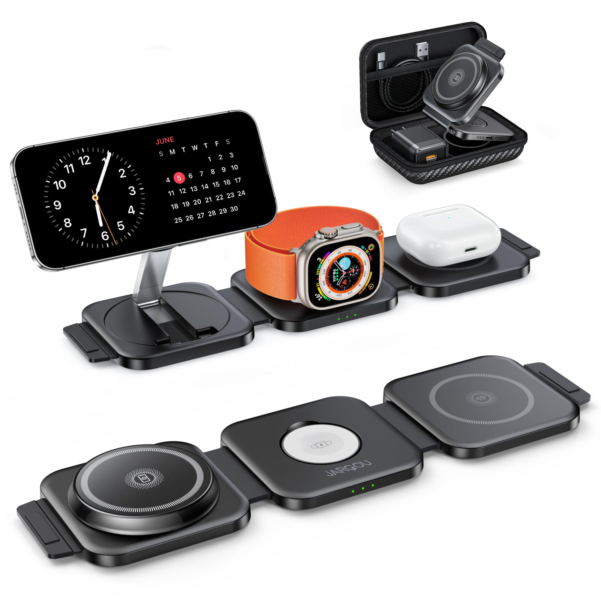 JARGOU 3 in 1 Magnetic Wireless Charger, Fast Charging Station for iPhone 16/15/14/13/12 Series, Travel Charger for Multiple Devices for AirPods 4/3/2/Pro, Charging Stand for Apple Watch S10 Series