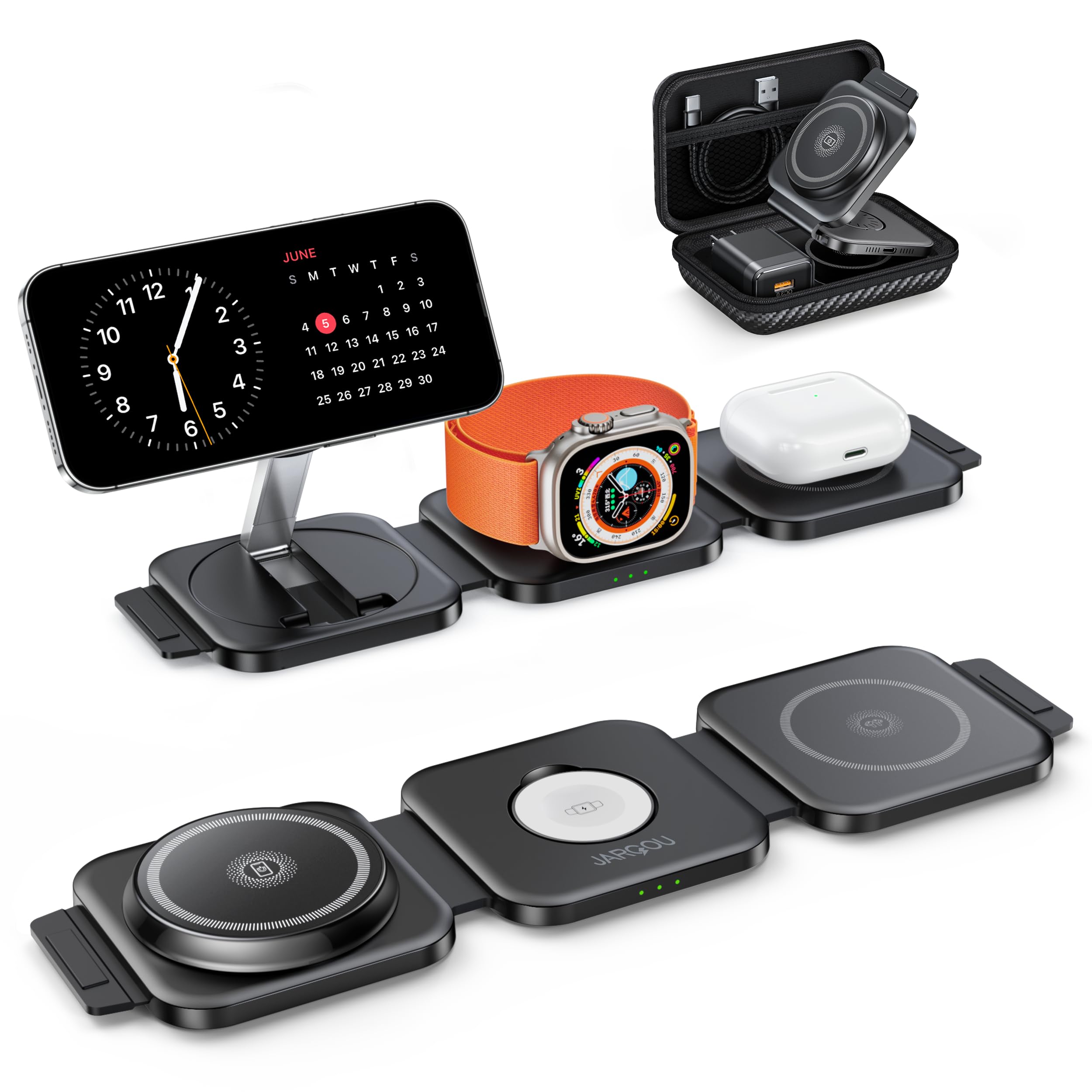 JARGOU 3 in 1 Magnetic Wireless Charger, Fast Charging Station for iPhone 16/15/14/13/12 Series, Travel Charger for Multiple Devices for AirPods 4/3/2/Pro, Charging Stand for Apple Watch S10 Series
