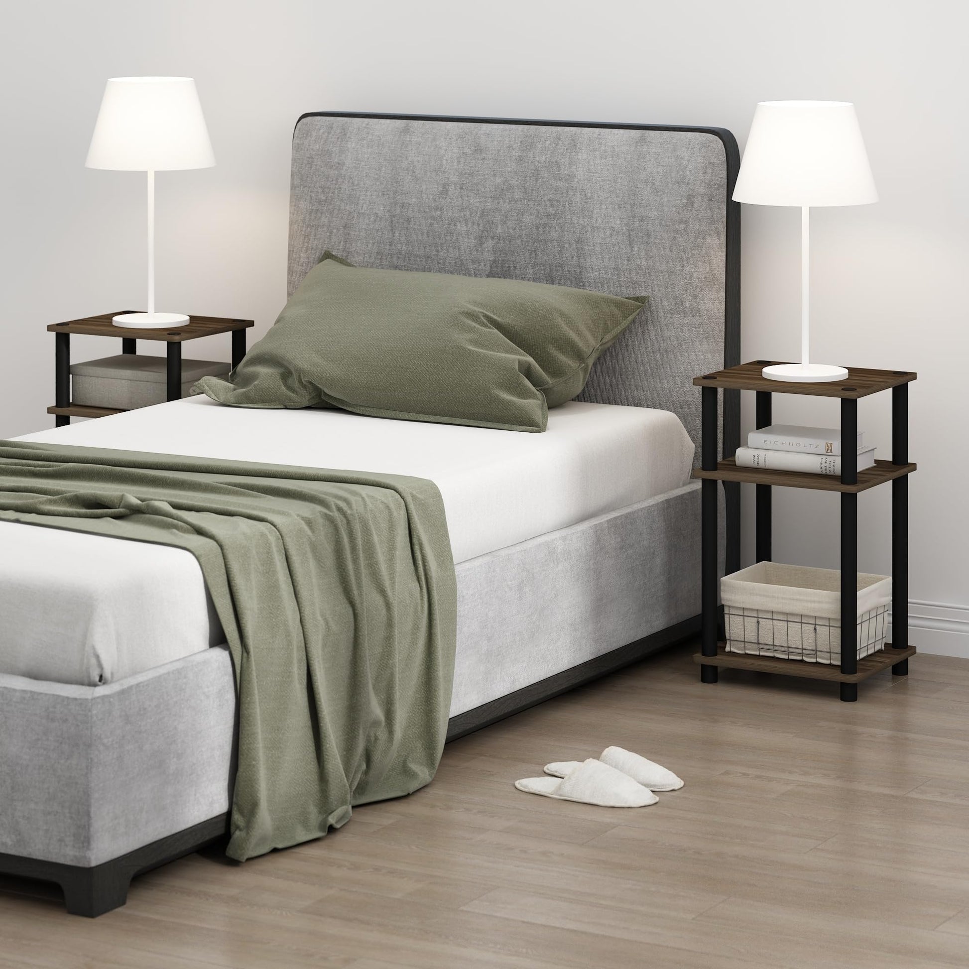 Furinno Just 3-Tier Turn-N-Tube End Table / Side Table / Night Stand / Bedside Table with Plastic Poles, 1-Pack, Columbia Walnut/Black