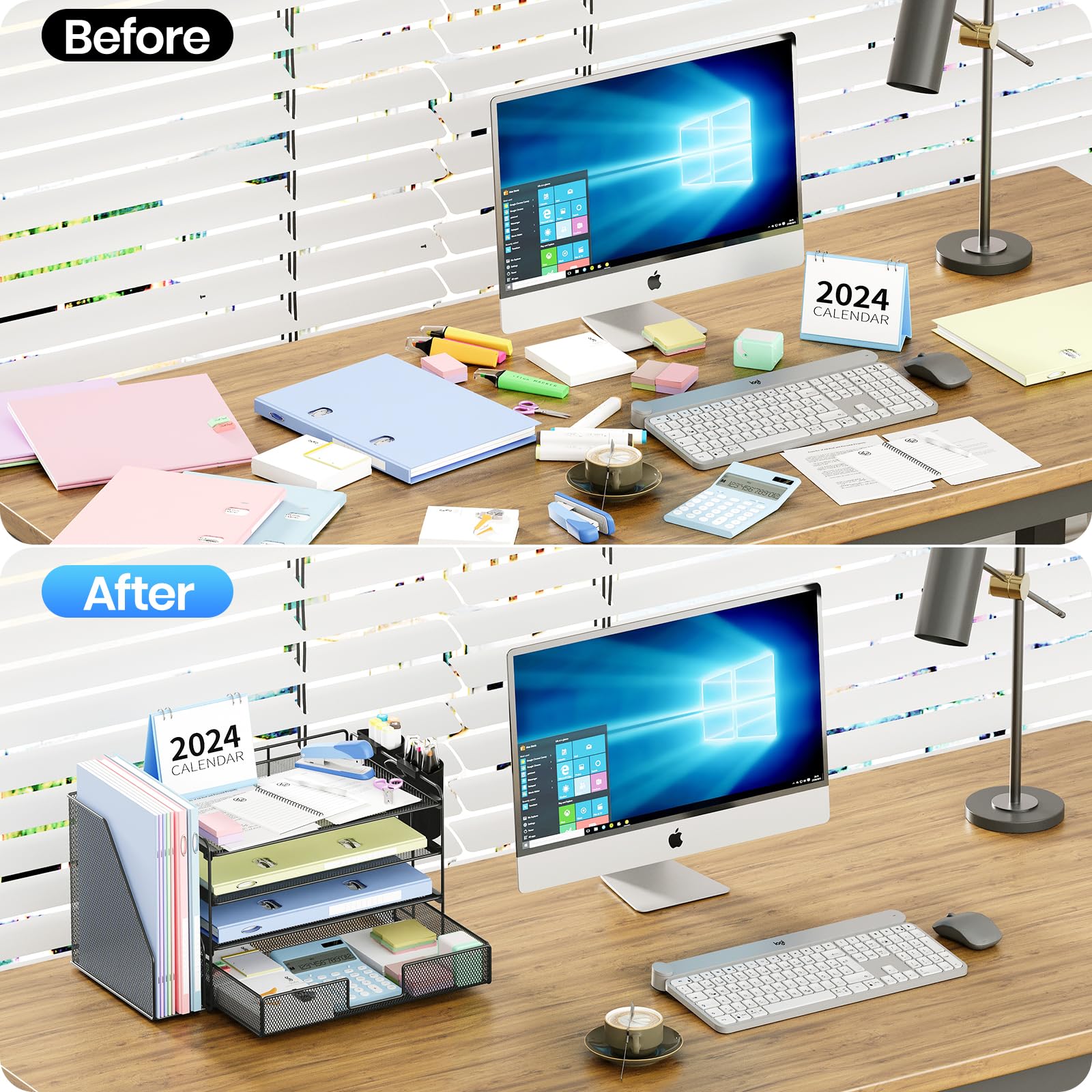 OPNICE Desk Organizer and Accessories, 4-Tier Desktop File Organizer with Drawer and 2 Pen Holders, Office Desk Accessories, Workspace Organizers for Office Supplies(Black)