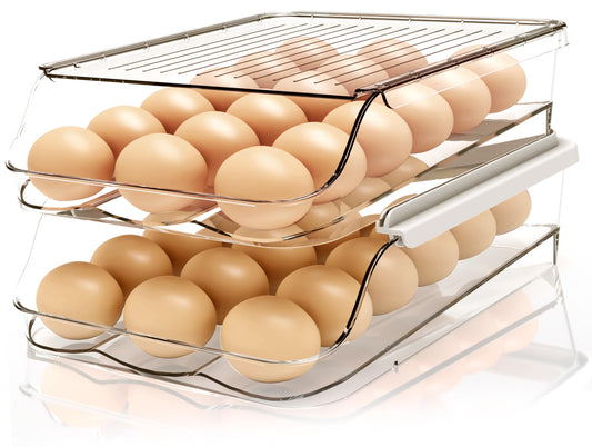 Utopia Kitchen Rolling Egg Container for Refrigerator with Lid - Stackable Plastic Egg Holder for Refrigerator - Egg Tray for Refrigerator or Fridge Organizer - Pack of 2 Clear