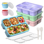 KHOXU Snackle Box Container, 4-Compartment Bento Lunch Box for Kids Women Men Adults, 44Oz/1300ML Meal Prep Boxes Reusable with 2 Sauce Containers & Utensils, 4 Pack (Wheat)