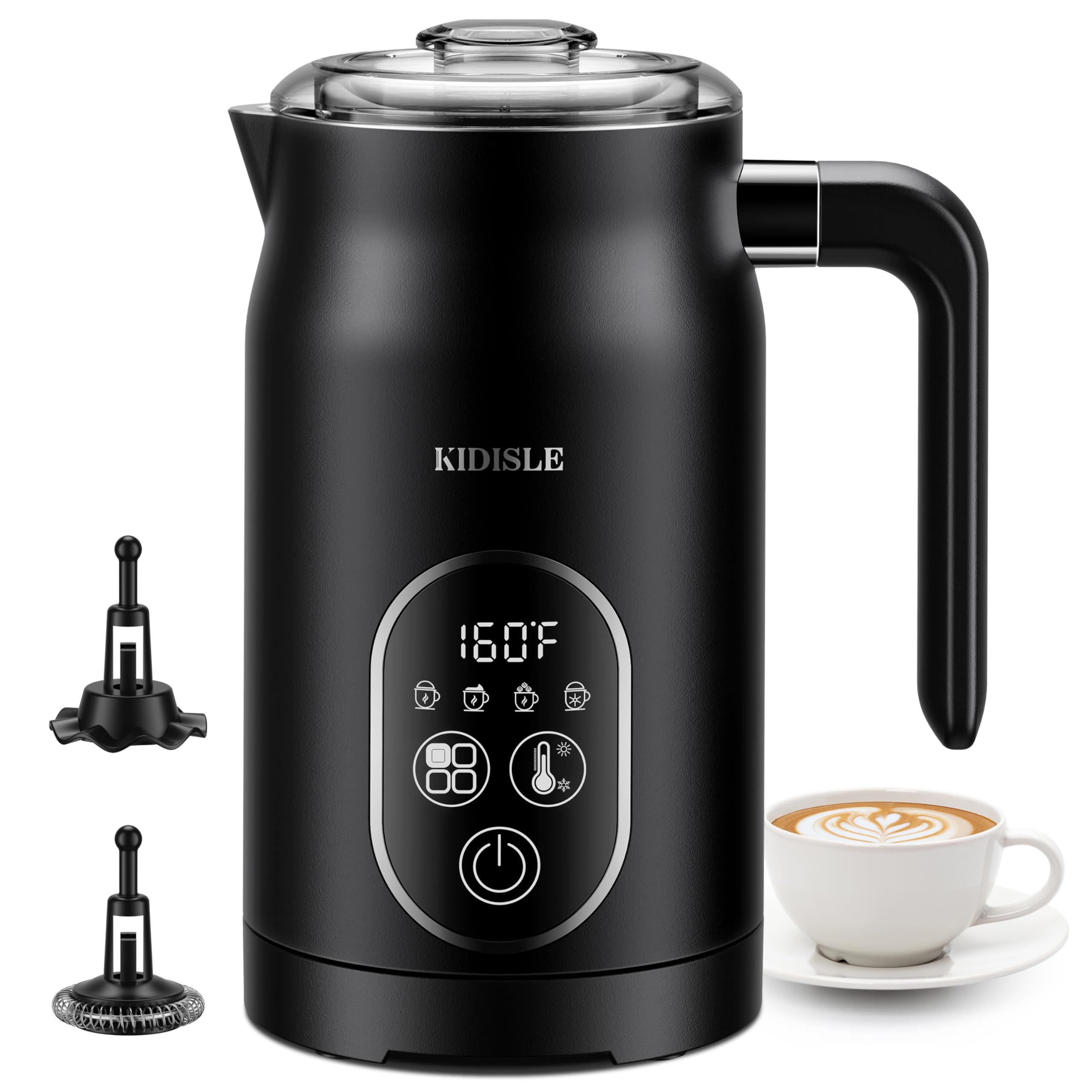 KIDISLE 4-in-1 Electric Milk Frother and Steamer, Milk Steamer with Auto Temperature Control, Warm & Cold Foam Maker, Fast Frother for Coffee, Latte, Hot Chocolate, Cappuccino, Macchiato, Black