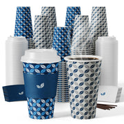 JOLLY CHEF 16 oz Coffee Cups with Lids 100 Pack, Disposable Hot Paper Coffee Cups with Lids, Sleeves and Stirrers (Blue Leaf and Grey Leaf)