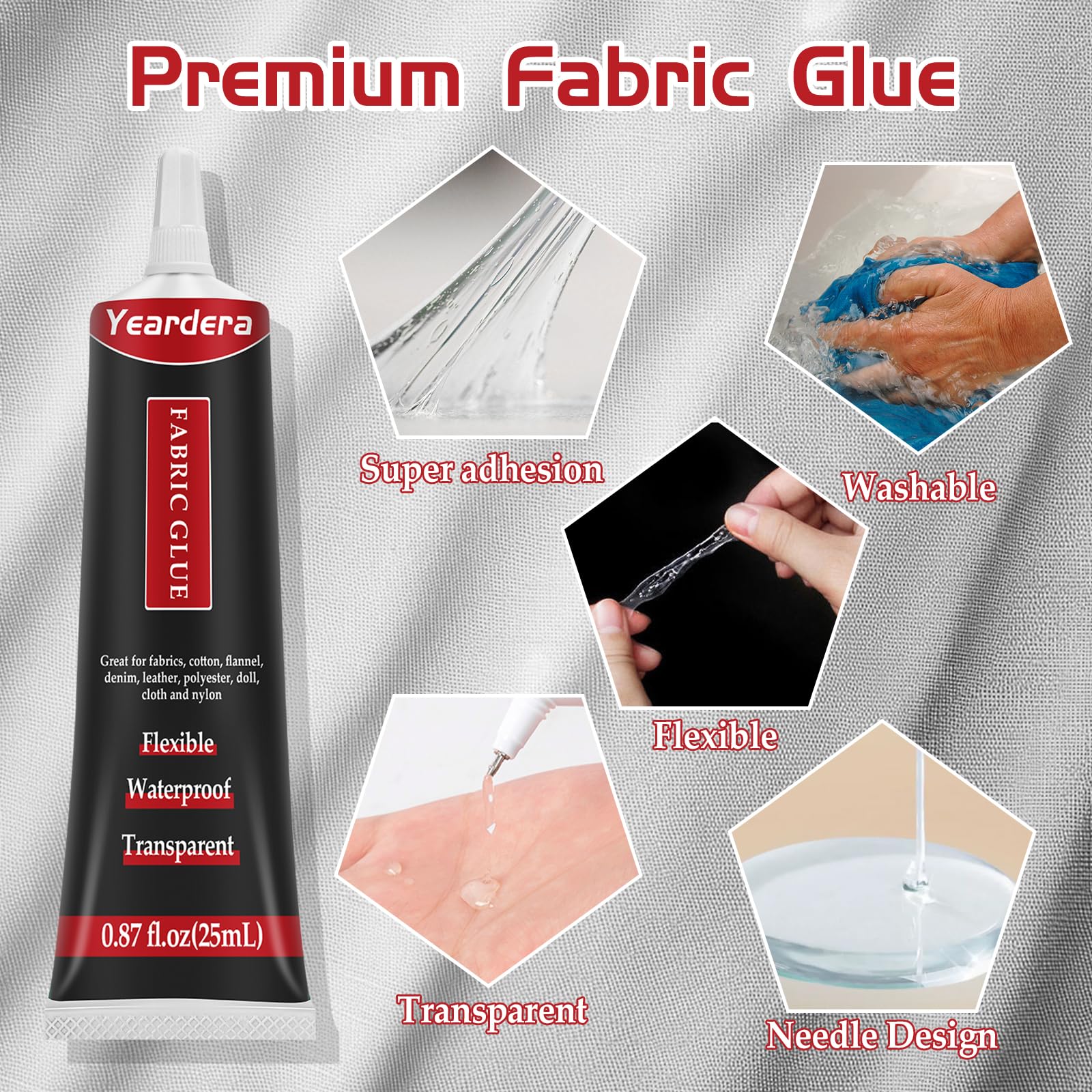Yeardera Fabric Glue, Permanent, Clear, Washable Adhesive for Clothing, Patches, Leather, Cotton, Denim, Polyester, Flannel, and All Fabrics (Fabric Glue 25ml)