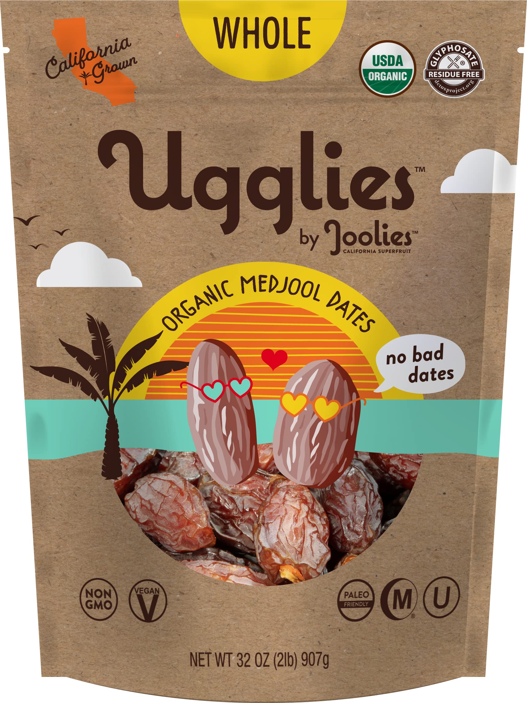 "Ugglies" By Joolies Organic Whole Medjool Dates | 2 Pound Pouch | Fresh California Grown Fruit | Vegan, Gluten-Free, Paleo, No Sugar Added | Great Gift for Friends & Family