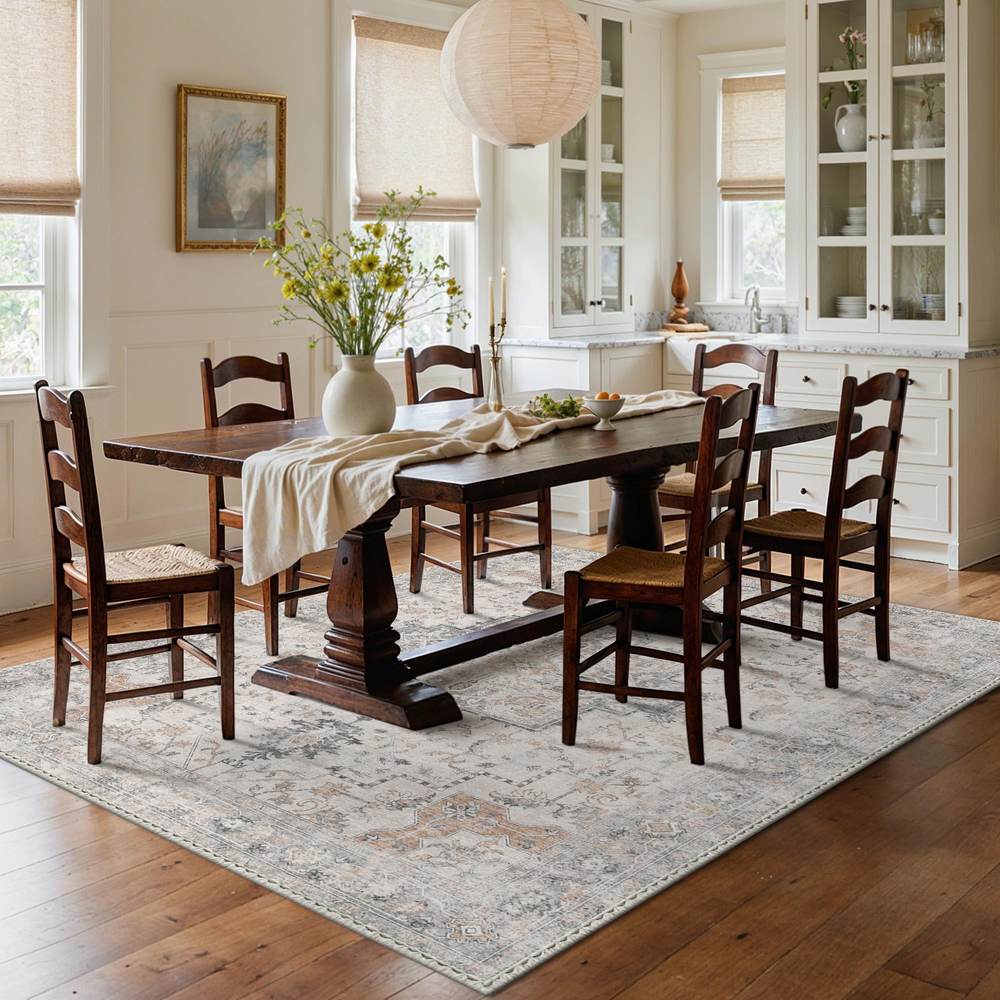 GENIMO 5X7 Area Rugs for Living Room, Machine Washable Non Slip Vintage Rugs, Low Pile Lightweight Chenille Print Rug for Bedroom, Dining Room, Home Office, Light Taupe Brown