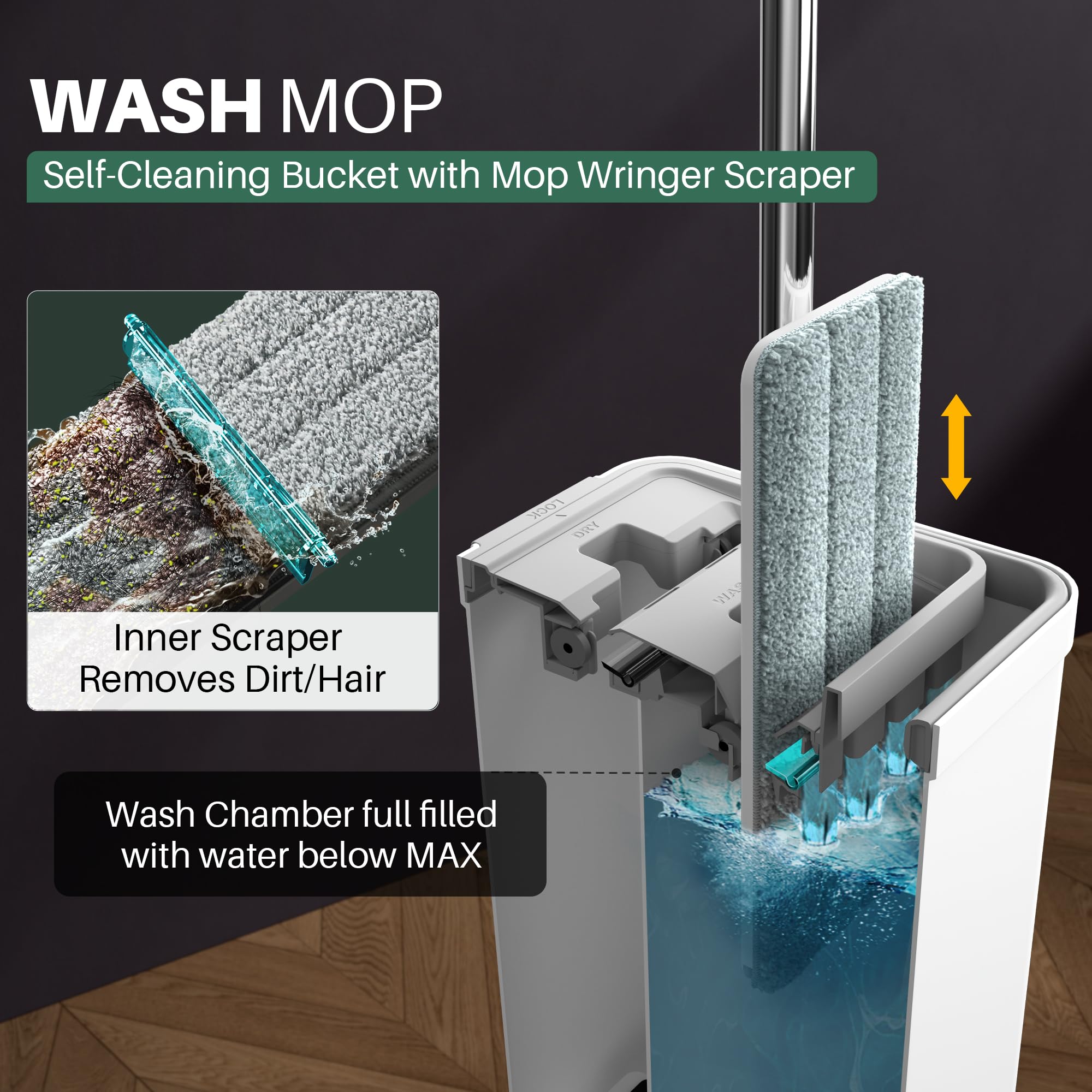 JOYMOOP Mop and Bucket Set with Wringer, Flat Mops for Floor Cleaning, Wall Mop Cleaner with Long Handle, Hardwood Floor Mop with 4 Microfiber Pads