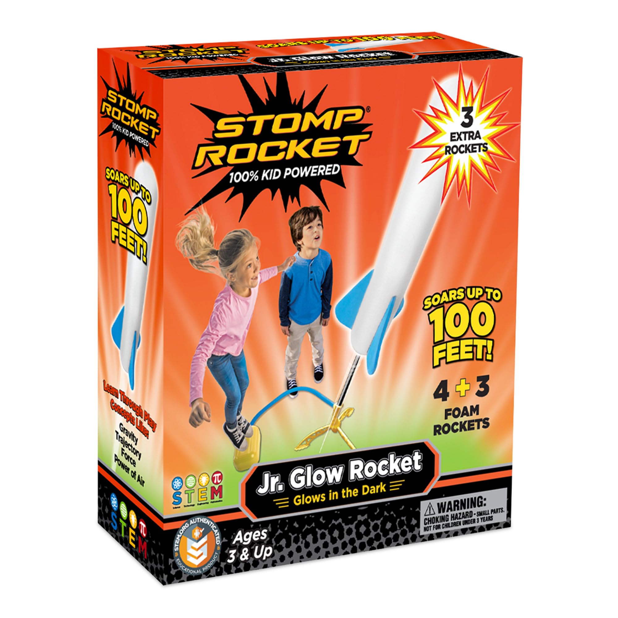 Stomp Rocket Jr Glow Rocket Launcher for Kids - 4 Glow-in-The-Dark Rockets - Outdoor Fun Toy Gift for Boys & Girls - STEM Soft Foam Blaster Set Soars Up to 100 Feet - Ages 3 & Up
