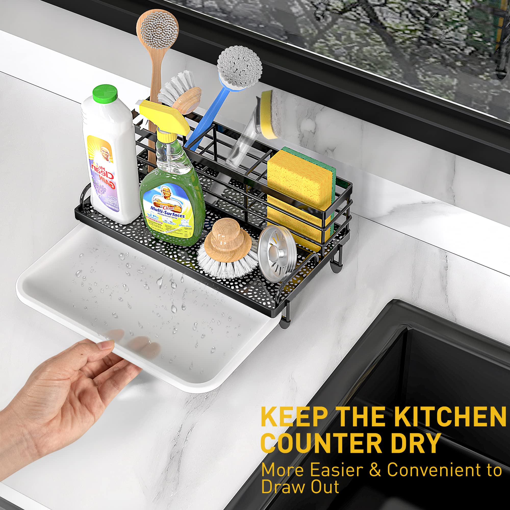 Cisily Large Kitchen Sink Caddy Organizer, Rustproof Non-Slip Soap Dish Dispenser Brush, Sponge Holder for Kitchen Sink, Kitchen Organization and Storage, Home Essentials Accessories（Black）