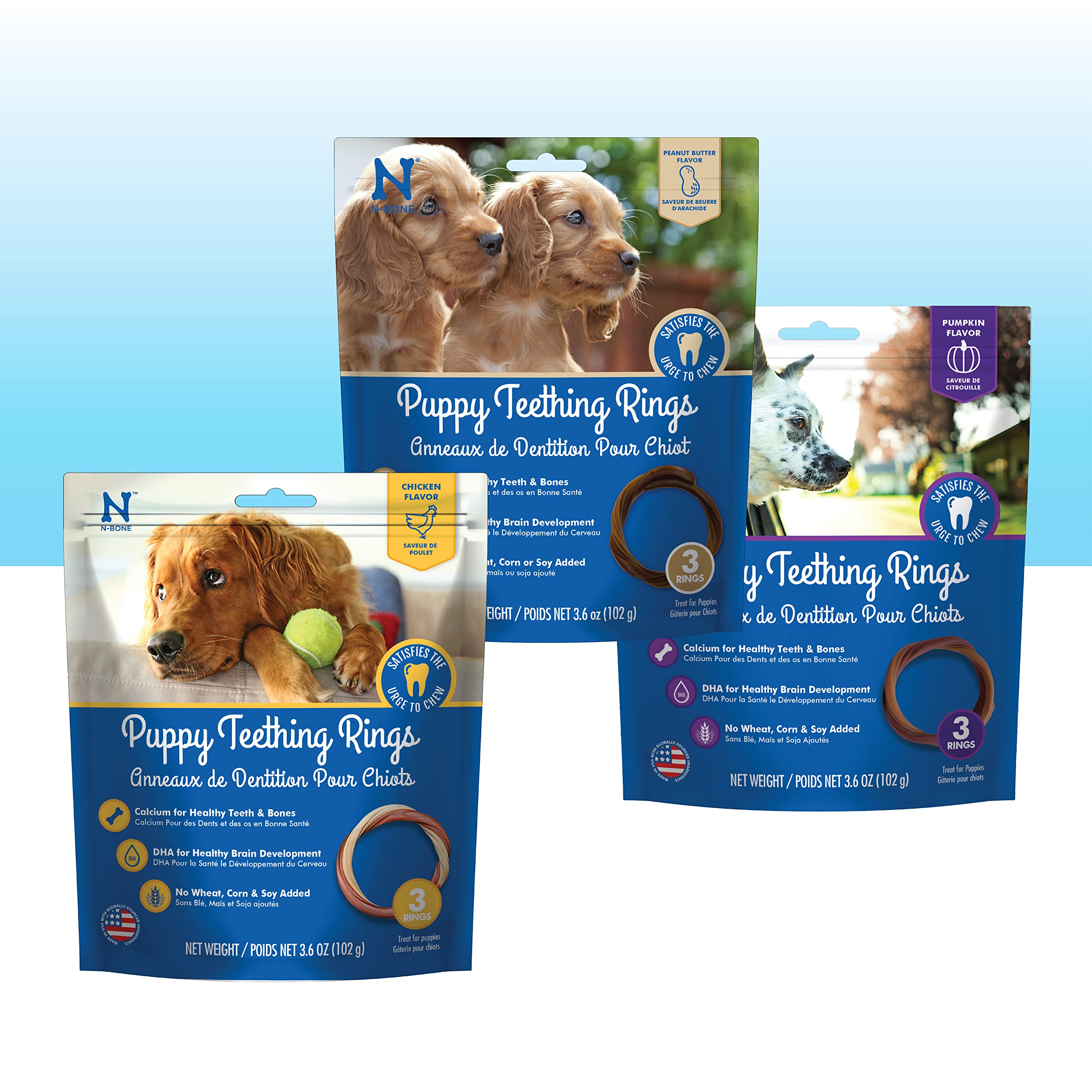 N-Bone Puppy Teething Rings 6 Count Bag Variety Pack, Chicken & Pumpkin & Blueberry BBQ Flavor, Total 3 Bags, 21.6-oz, 18 Rings