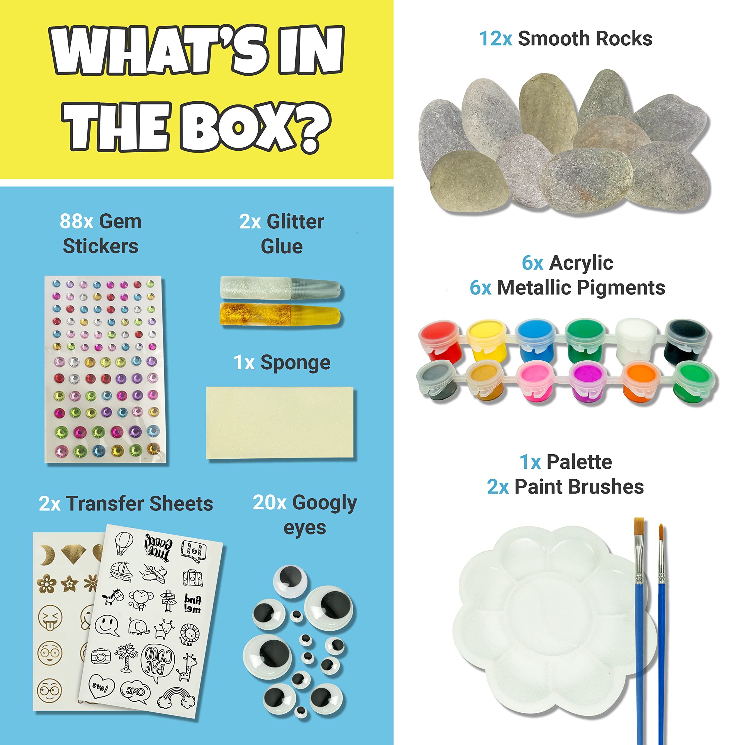 JOYEZA Rock Painting Kit Deluxe, Arts and Crafts for Girls Boys Age 6+, 12 Rocks Tween Gift Art Set, Waterproof Paints, Craft Kits Art Supplies, Kids Crafts Ages 6-8, Kids Activities 6 7 8 9 10