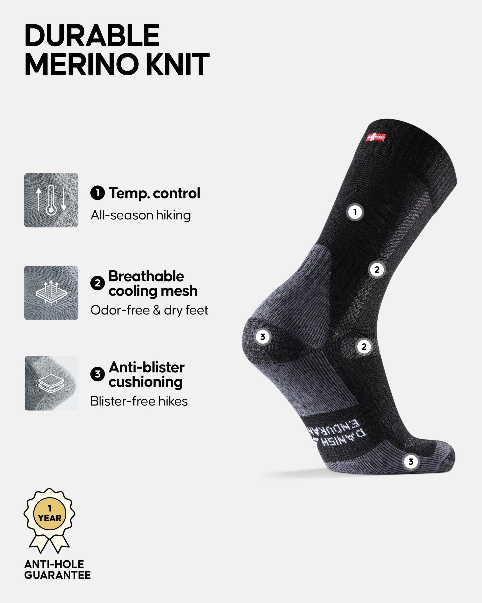 DANISH ENDURANCE Hiking Socks Women & For Men, Merino Wool Socks, Crew Mens, Womens Moisture Wicking, Work, Calcetines para Hombre