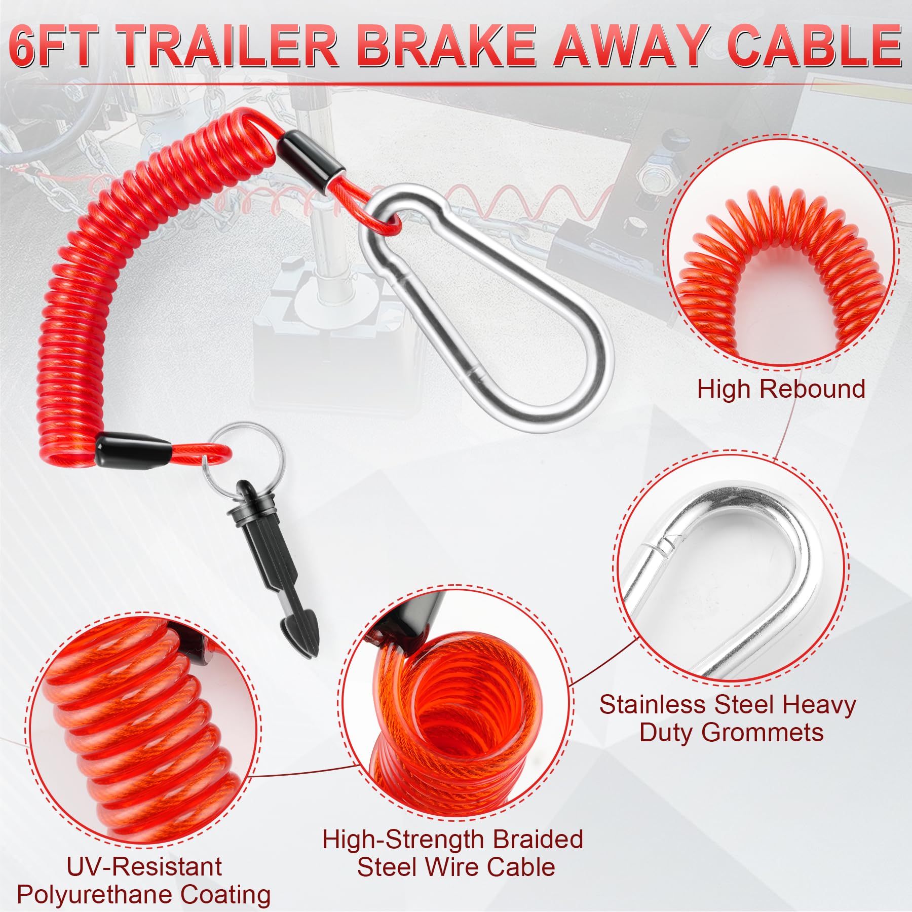 JUSTTOP 6FT Breakaway Trailer Cable,Heavy Duty Stainless Steel Spring Towing Coiled Wire,Emergency Brake Wire Camper Safety Breakaway Cable with Pin,RV Trailer Accessories