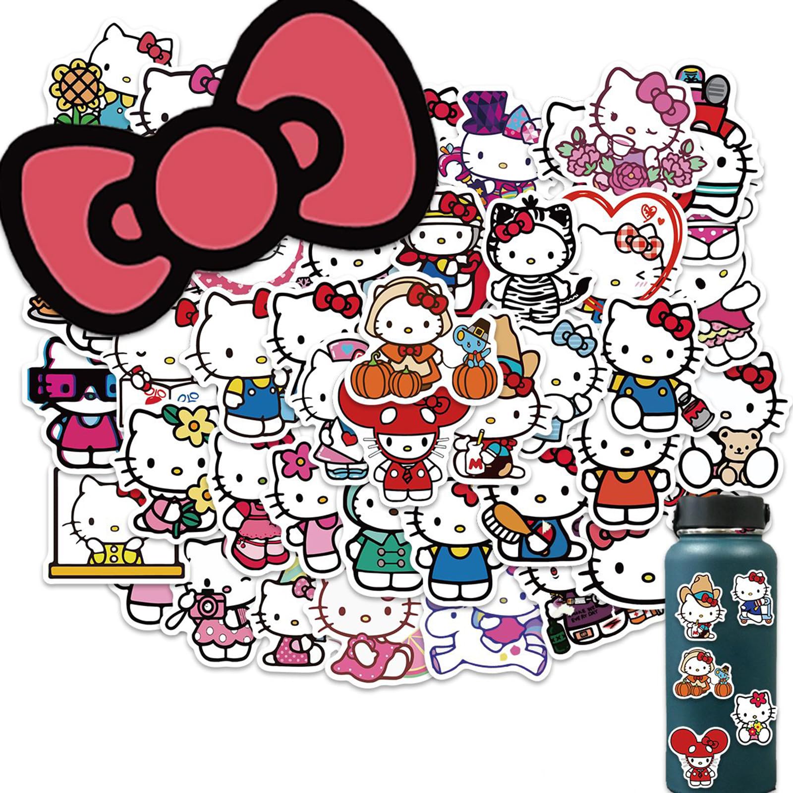50pcs Cute Cartoon Hello Kitty Stickers for Kids Teens, White Kitty Stickers Vinyl Waterproof Stickers for Skateboard Laptop Luggage Fridge DIY Decal (Hello Kitty)