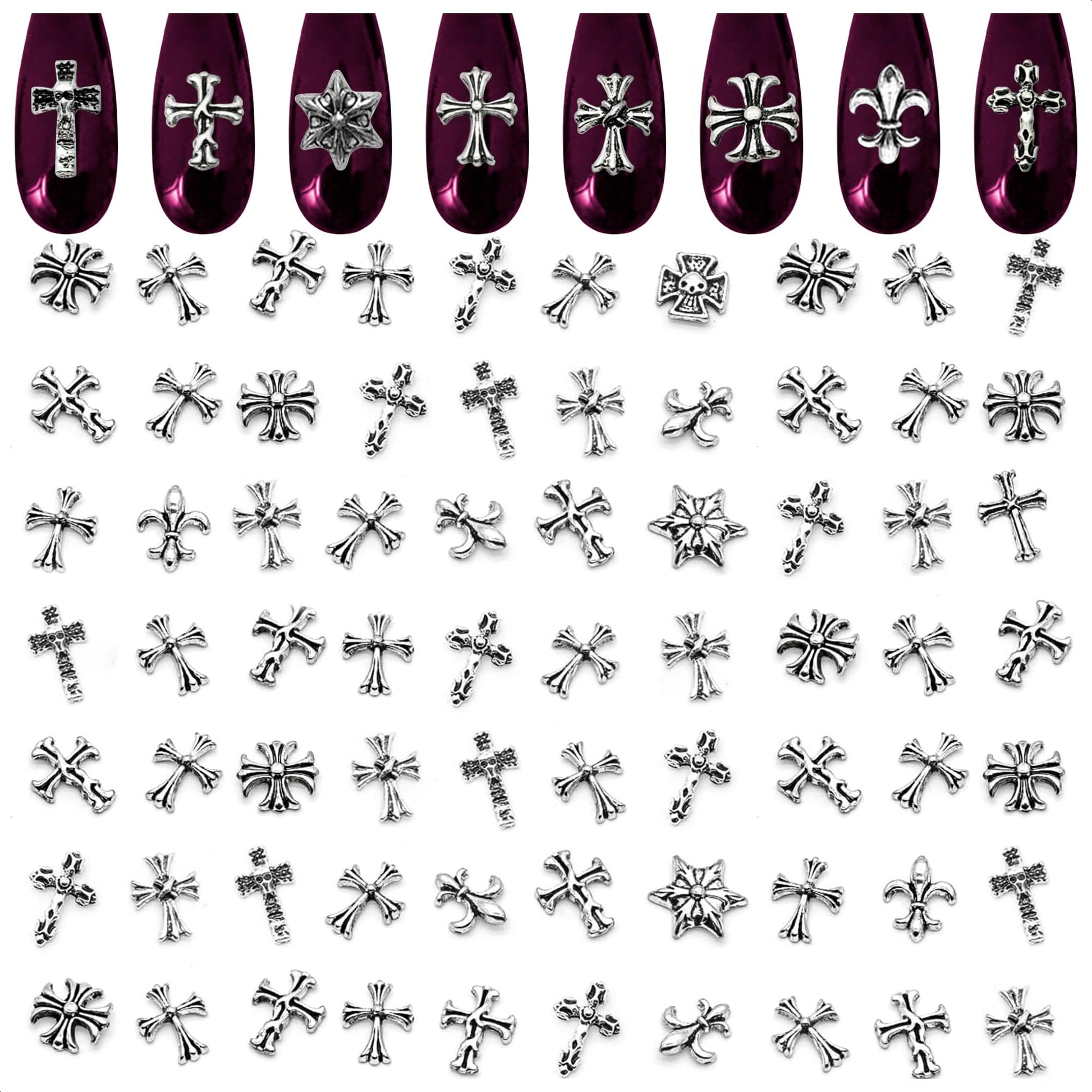 100 Pcs Silver Cross Nail Charms and Gems – 3D Acrylic Cross Charms for Nails for DIY & Professional Manicure – Easy-to-Apply & Durable Nail Decorations, Versatile for Y2K & Nail Studs