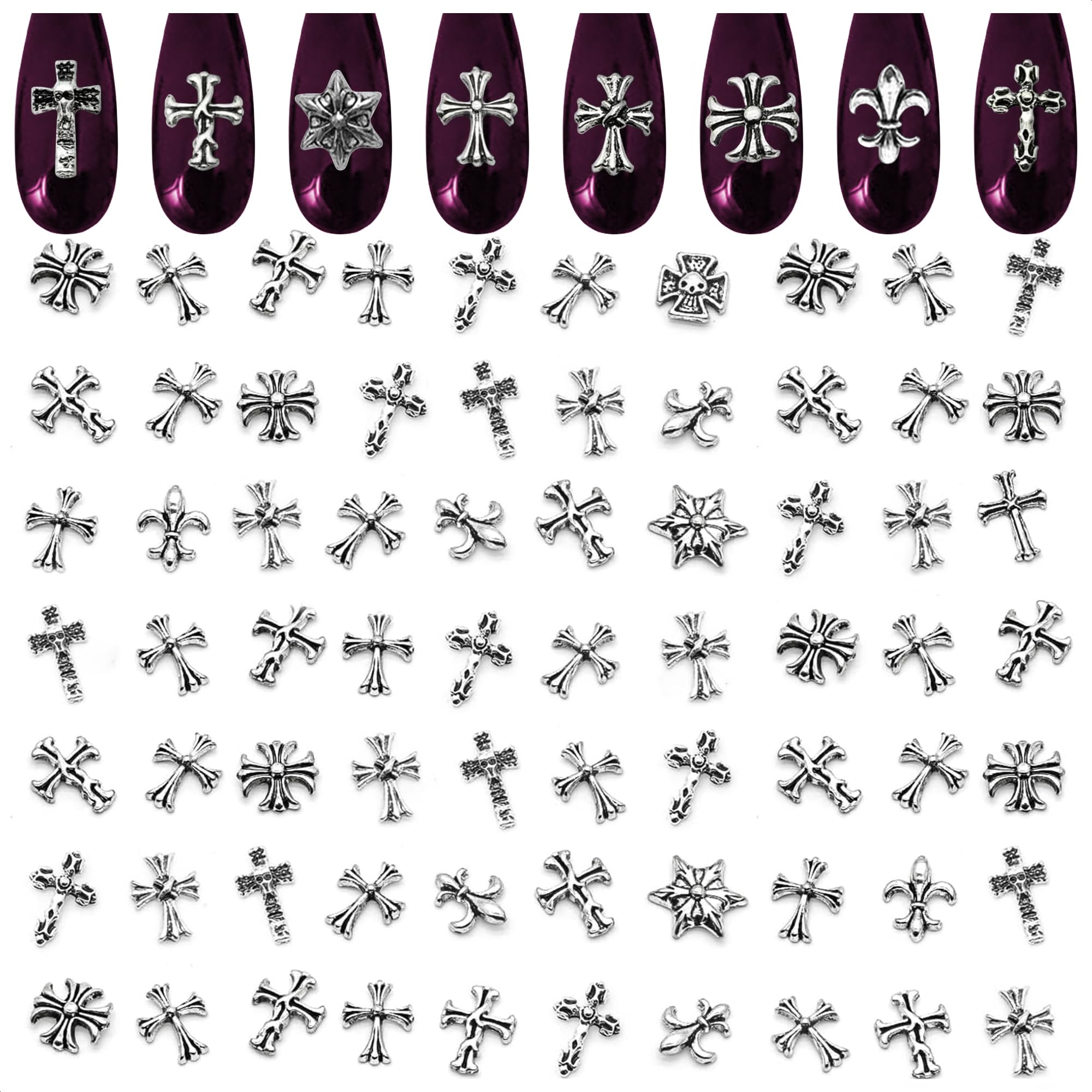 100 Pcs Silver Cross Nail Charms and Gems – 3D Acrylic Cross Charms for Nails for DIY & Professional Manicure – Easy-to-Apply & Durable Nail Decorations, Versatile for Y2K & Nail Studs