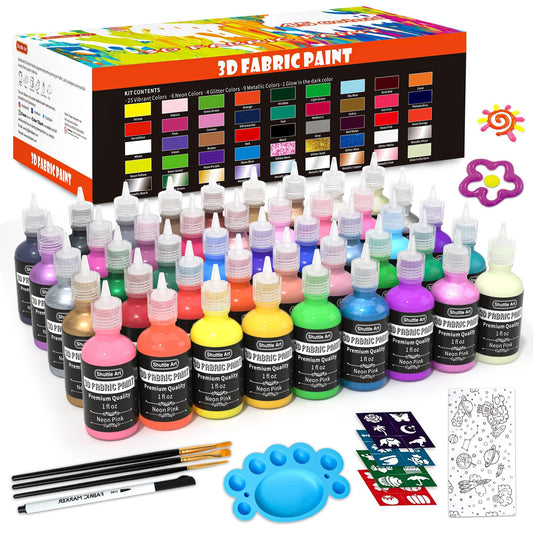 Shuttle Art Fabric Paint Set, 45 Colors 3D Permanent Paint with Brushes Palette Fabric Pen Fabric Sheet Stencils, Glow in The Dark, Glitter,Metallic Colors for Textile Fabric T-shirt Jeans Glass