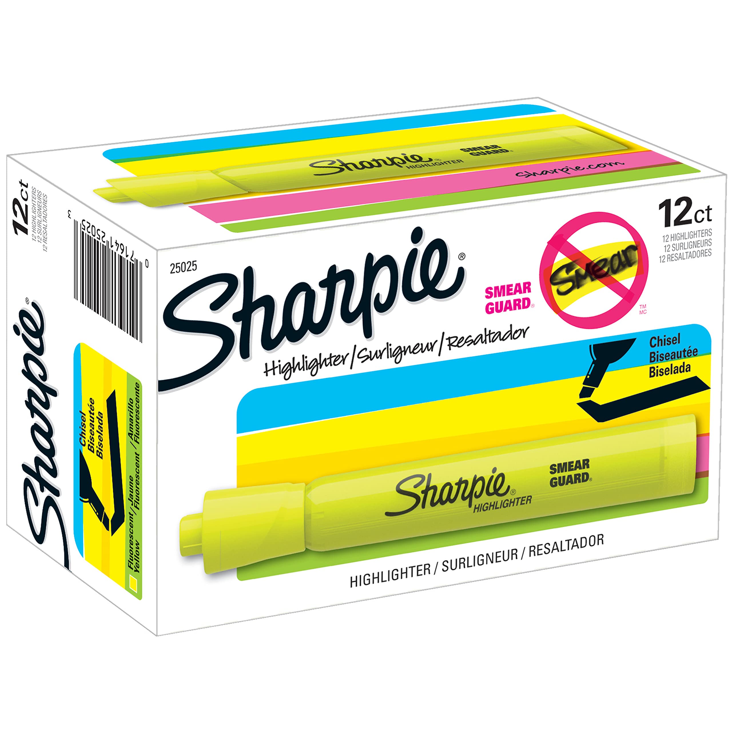 Sharpie Tank Style Highlighters, Chisel Tip, Fluorescent Pink, Box of 12